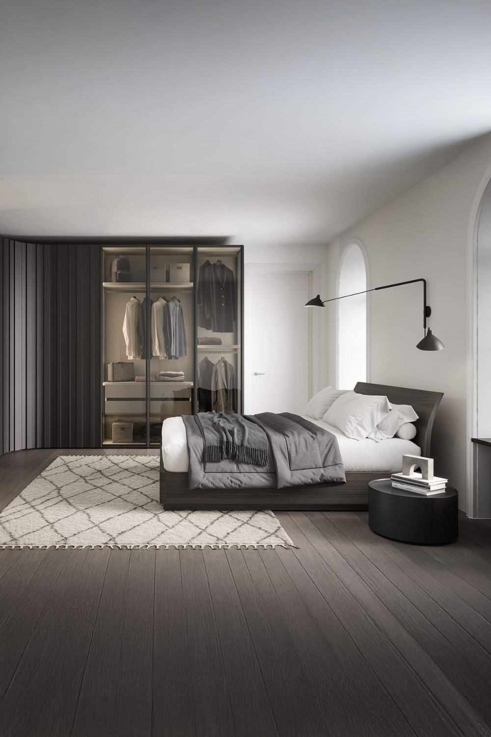 camera da letto elegante con mobili arrotondati e curvi in marrone e grigio