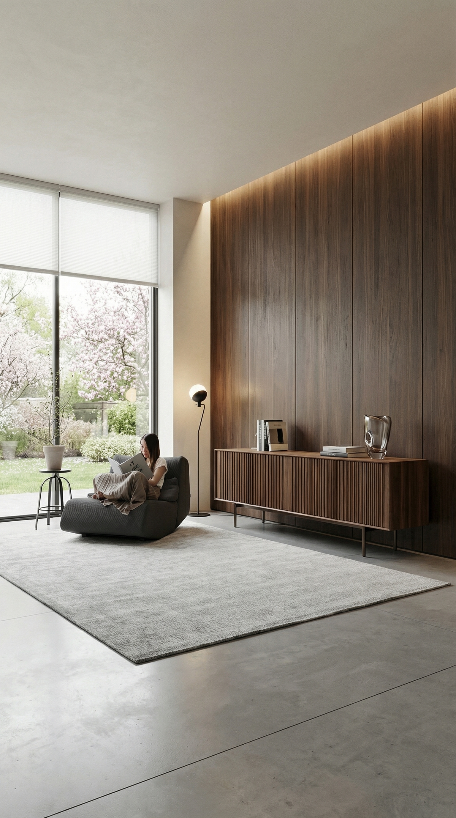 Elegante soggiorno in stile Modern Heritage con pareti in legno scuro e arredamento minimalista