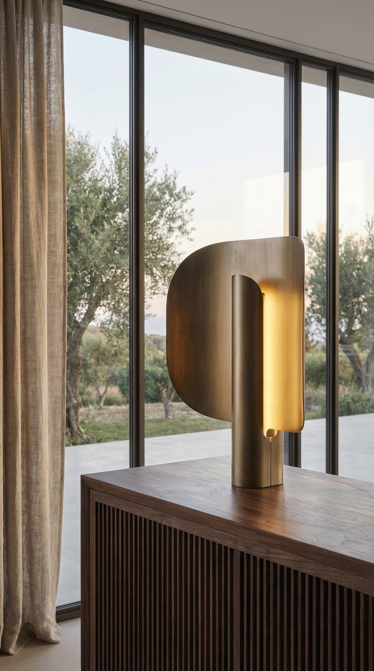 Lampada Punt Stockholm su un'elegante cassettiera in legno in una stanza inondata di luce.