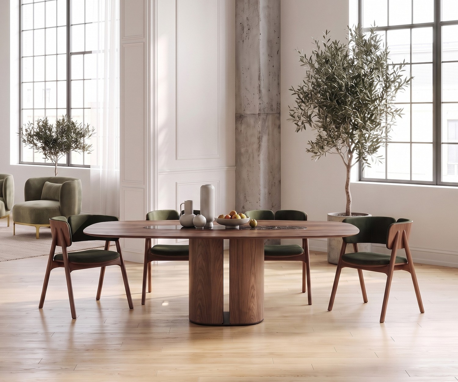 Tavolo da pranzo al2 el-it c 001 in legno per sala da pranzo, in un moderno loft luminoso con sedie verdi.