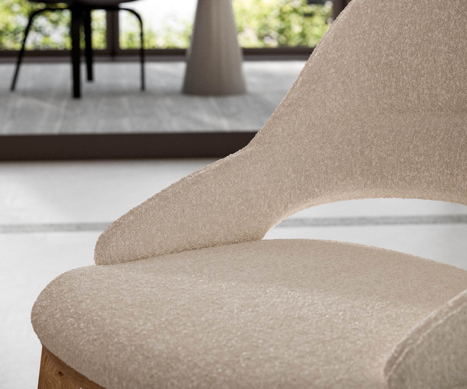 Sedia moderna imbottita con pelle beige e struttura in rovere marrone