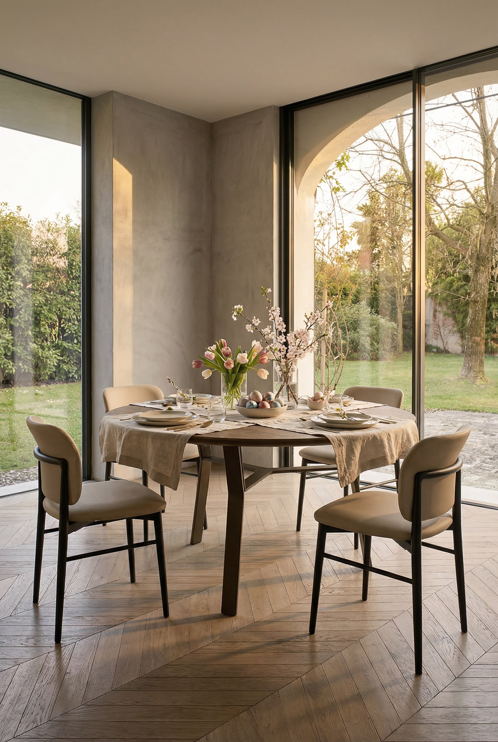 Tavolo da pranzo Livitalia Iron con piano in legno massello e struttura in metallo filigranato in una sala da pranzo moderna