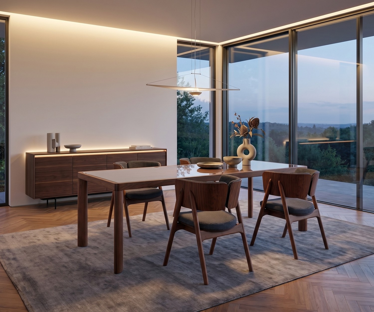 Tavolo da pranzo di design al2 ka-bera 001 b Tavolo da pranzo in legno al2 ka-bera 001 b in una sala da pranzo moderna con sedie abbinate e credenza.
