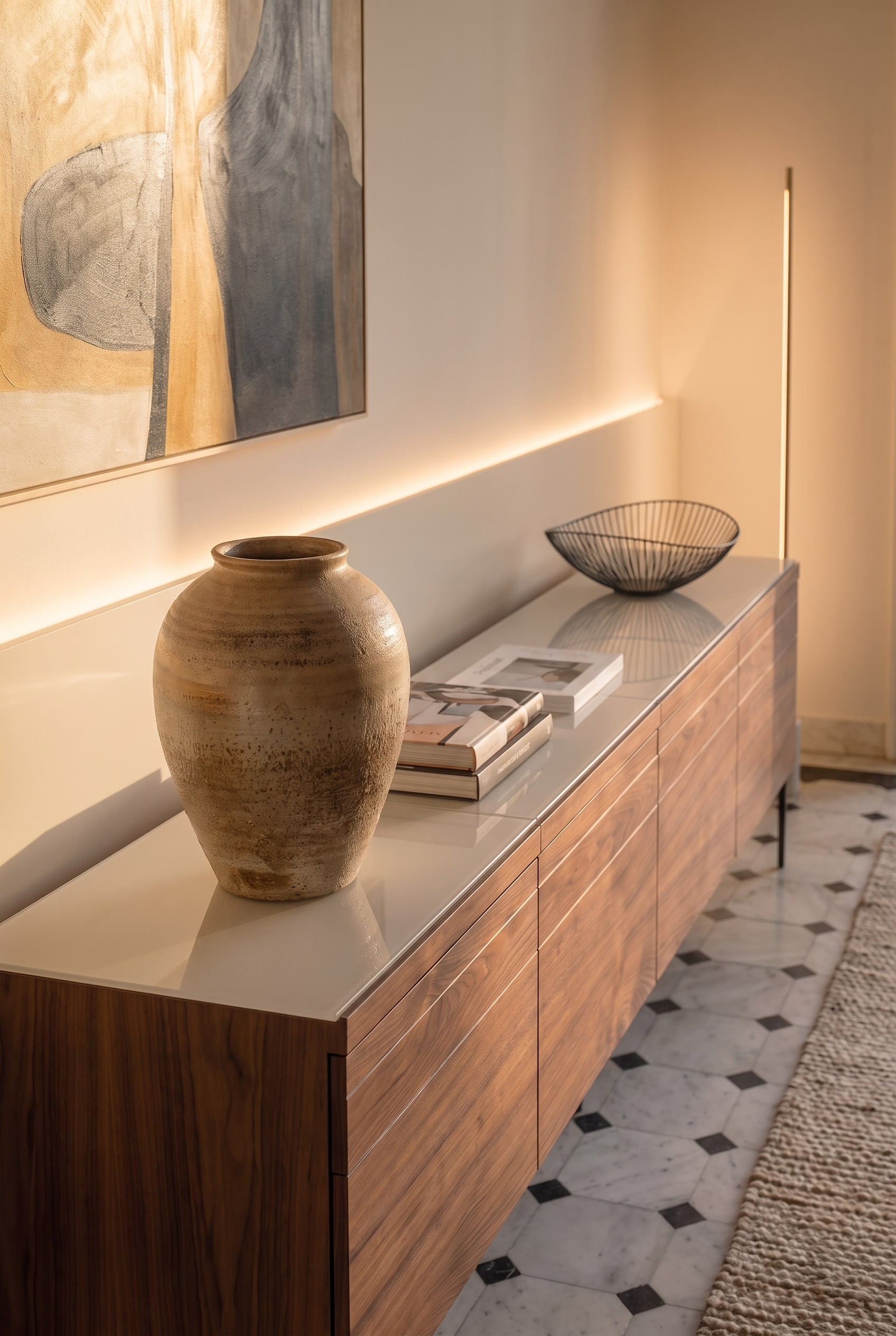 Nahaufnahme eines Holz-Sideboards mit glänzender Deckplatte, dekoriert mit einer rustikalen Vase und Büchern.