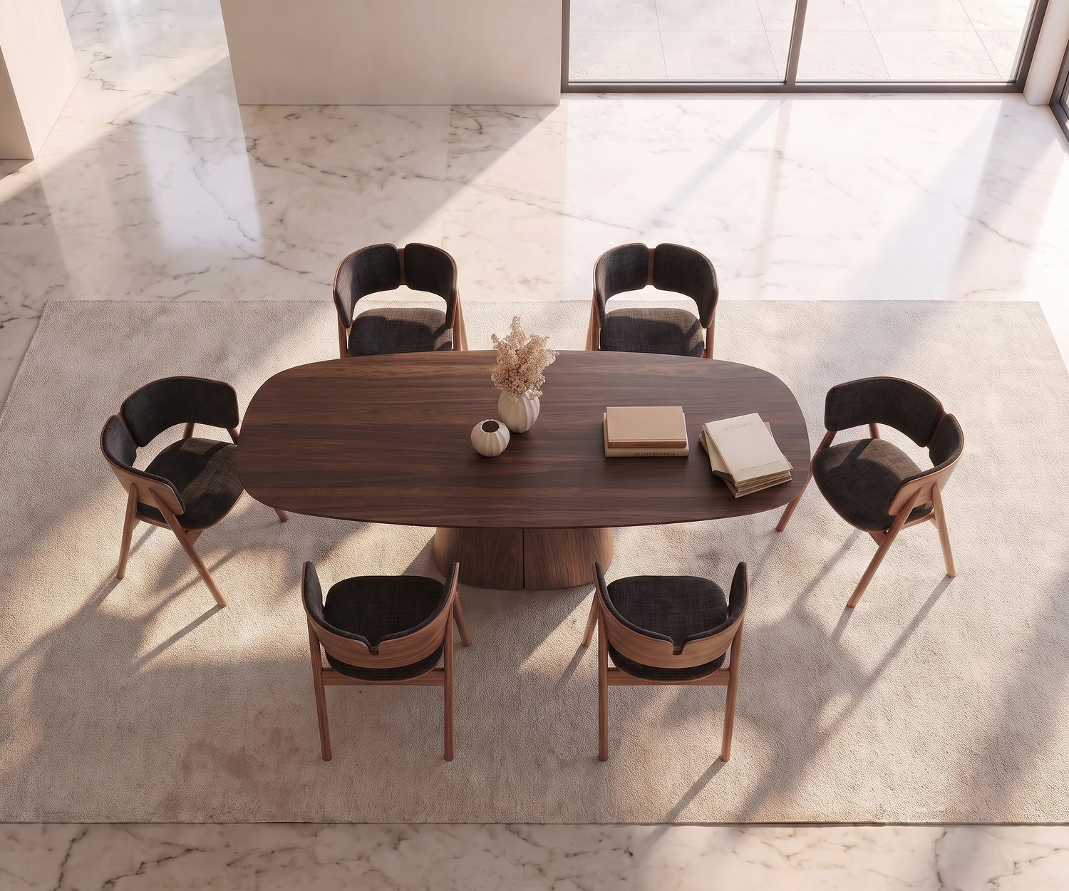 Tavolo da pranzo ovale di design al2 tessera 001 in legno per la sala da pranzo con sedie moderne su tappeto.
