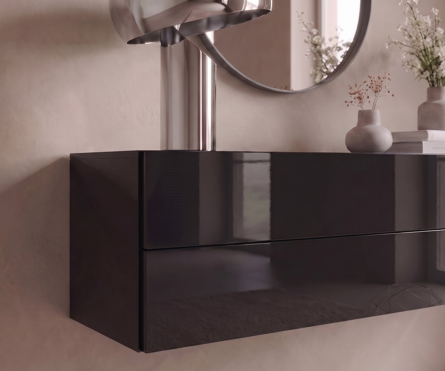 Cassettiera sospesa per camera da letto: comò Easy nero lucido di Novamobili, design moderno ed elegante.