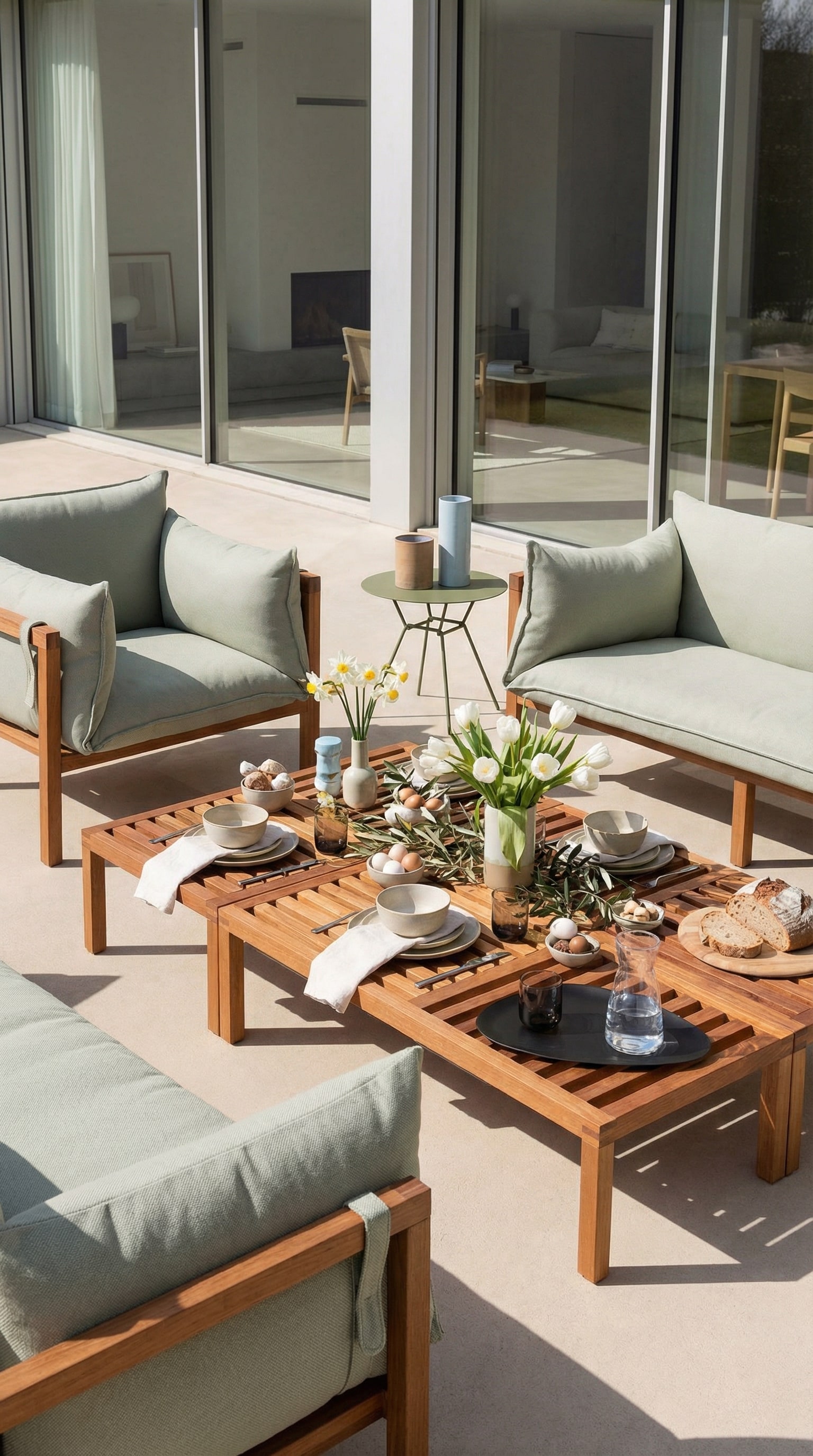 Tavolino da esterno basso e massiccio in legno accanto a comodi cuscini lounge Tavolino da esterno basso e massiccio in legno accanto a comodi cuscini lounge