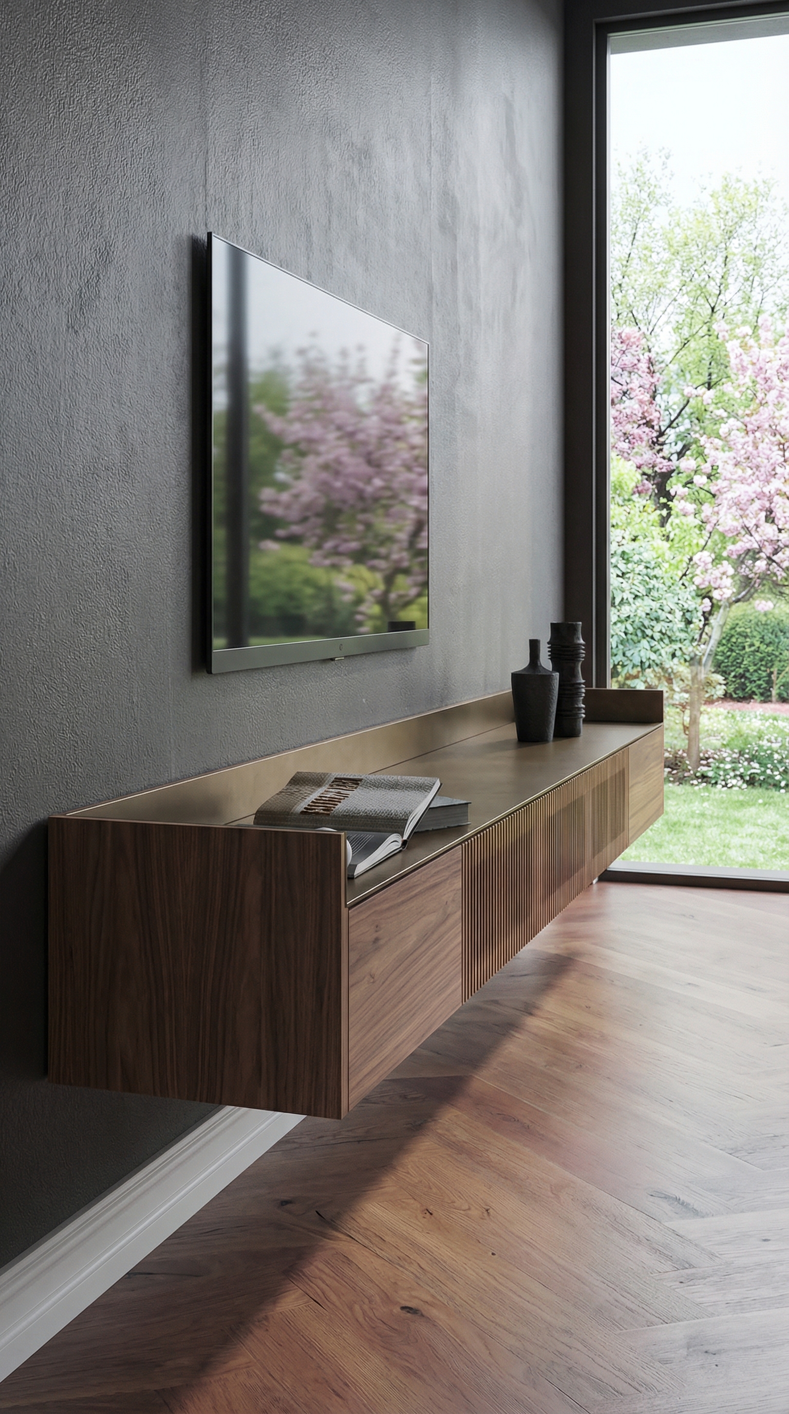 Punt Stockholm Slim Sideboard sospeso in noce con copertura in bronzo in ambiente moderno