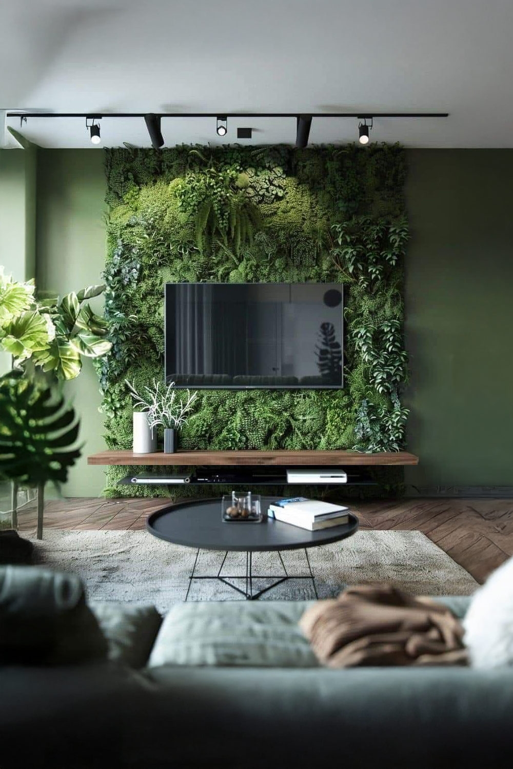 soggiorno-distintivo-con-molto-verde-e-accenti-in-legno