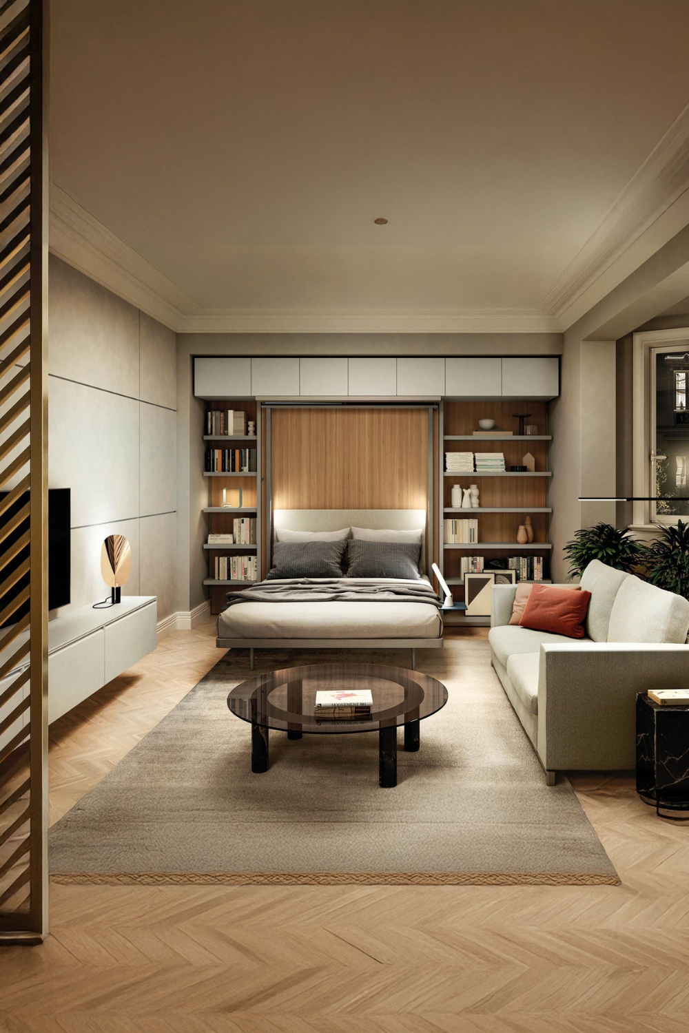 stanza-dal-design-moderno-con-letto-a-scomparsa-mobile-tv-a-parete-divano-e-tavolino-da-caffe