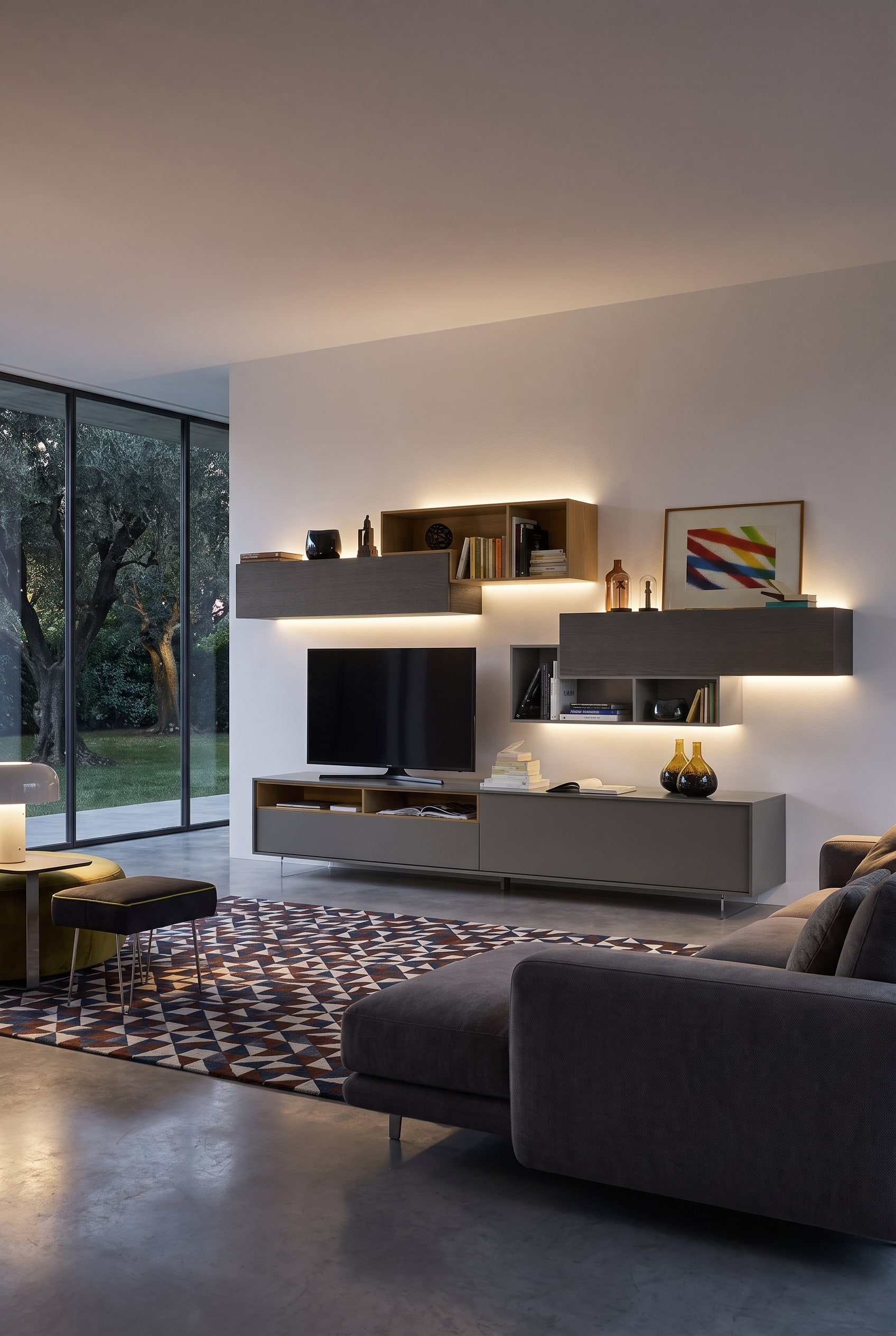 Wohnzimmer asymmetrische Wohnwand modern