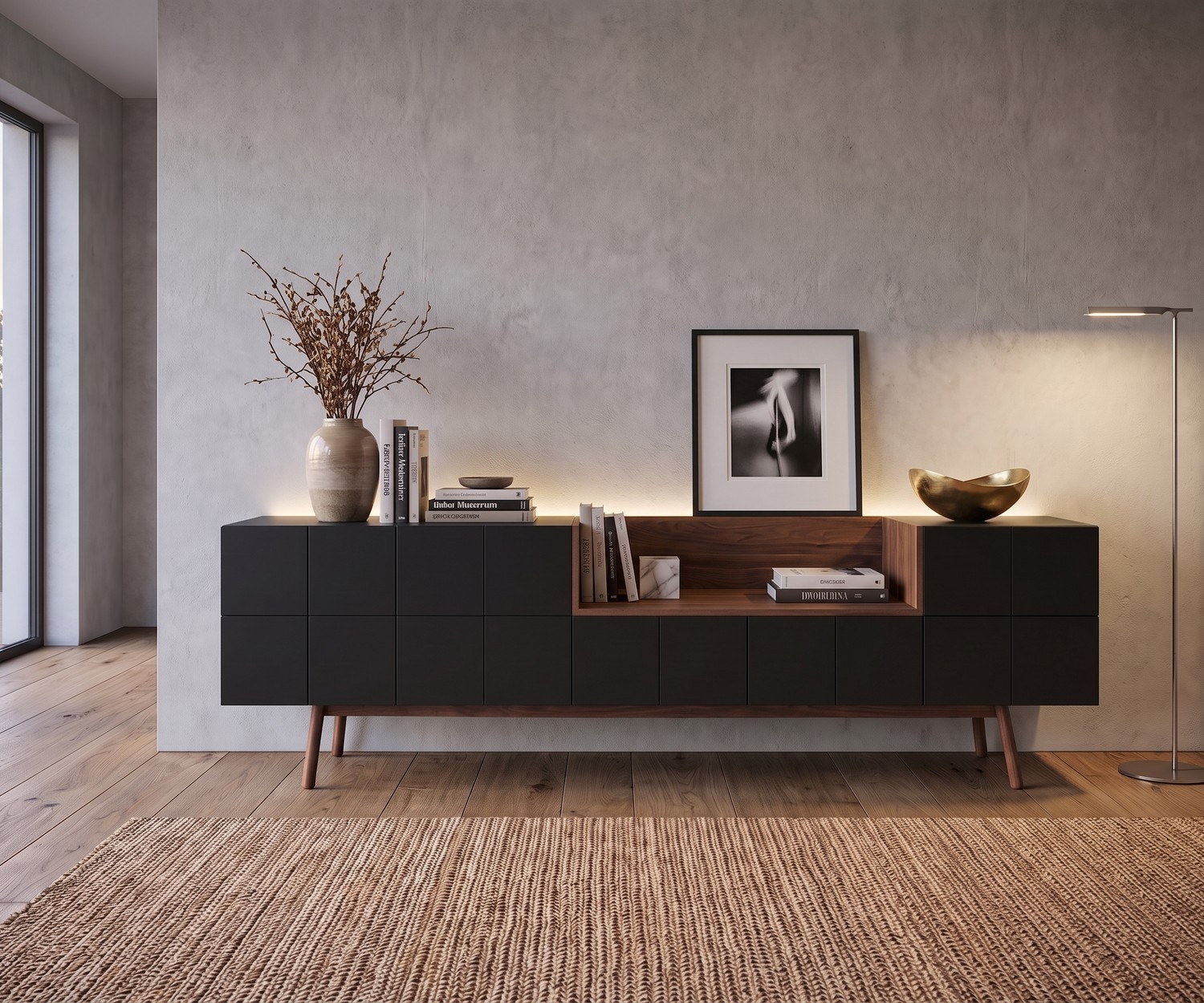 Credenza di design retrò al2 MOS-I-KO 003 A Credenza al2 MOS-I-KO 003 A in soggiorno in lacca opaca nera e legno in stile retrò moderno con vano a giorno.