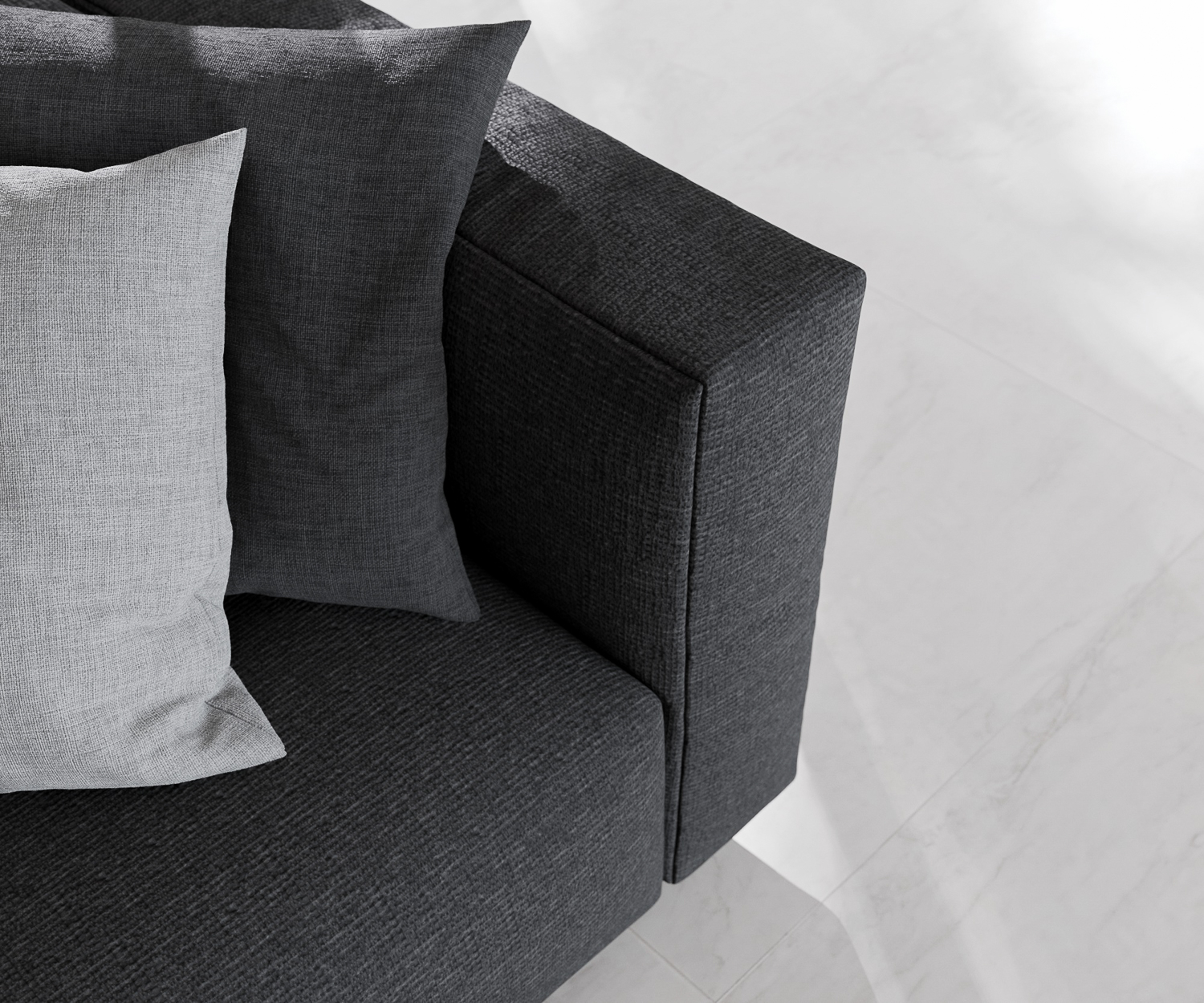 Panca ad angolo foto di dettaglio del divano Prostoria Match L con rivestimento in tessuto nero