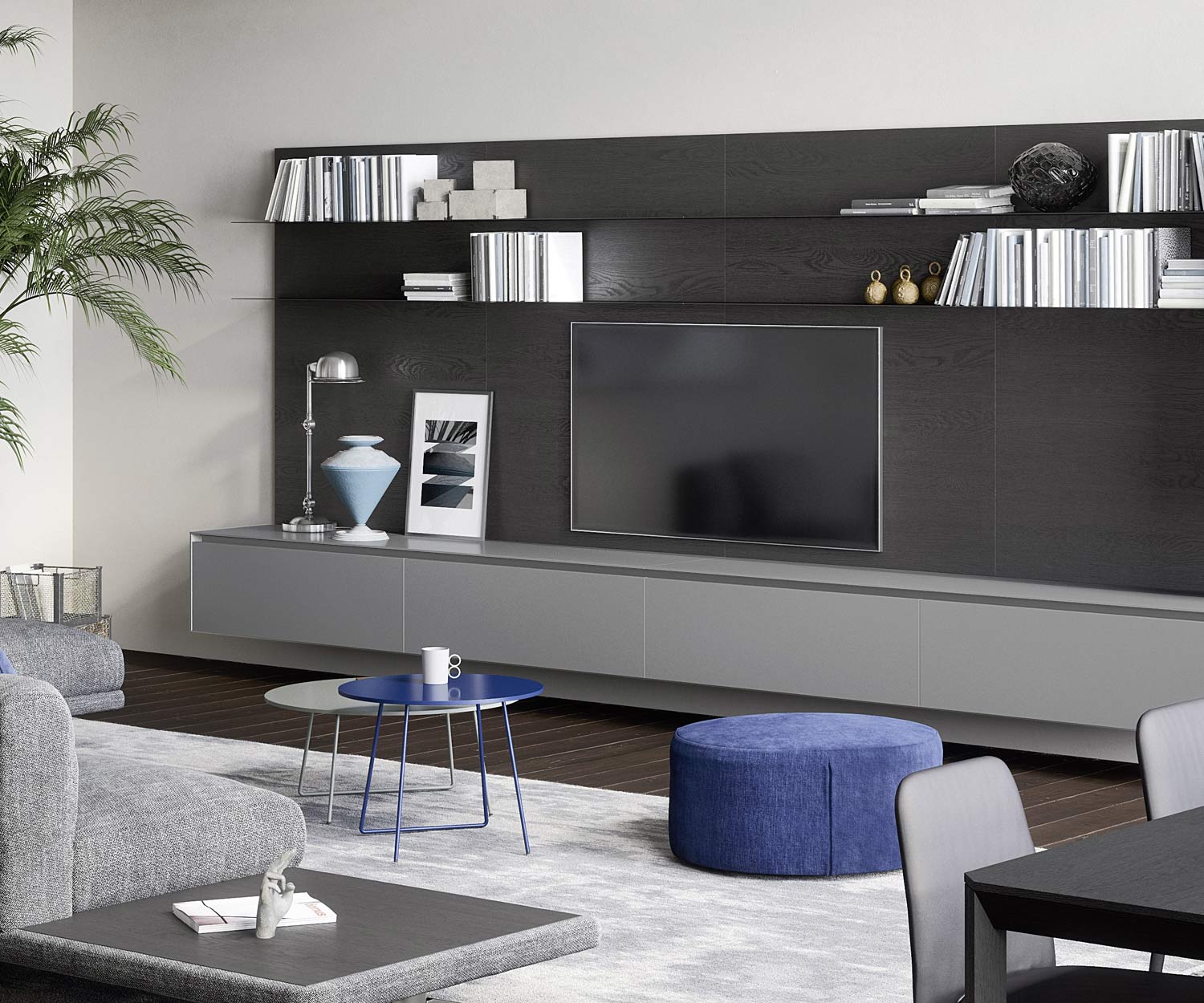 Grande parete attrezzata di design con ripiani bassi e pensili sospesi impiallacciati in laccato opaco Grande parete attrezzata di design con ripiani bassi e pensili sospesi impiallacciati in laccato opaco