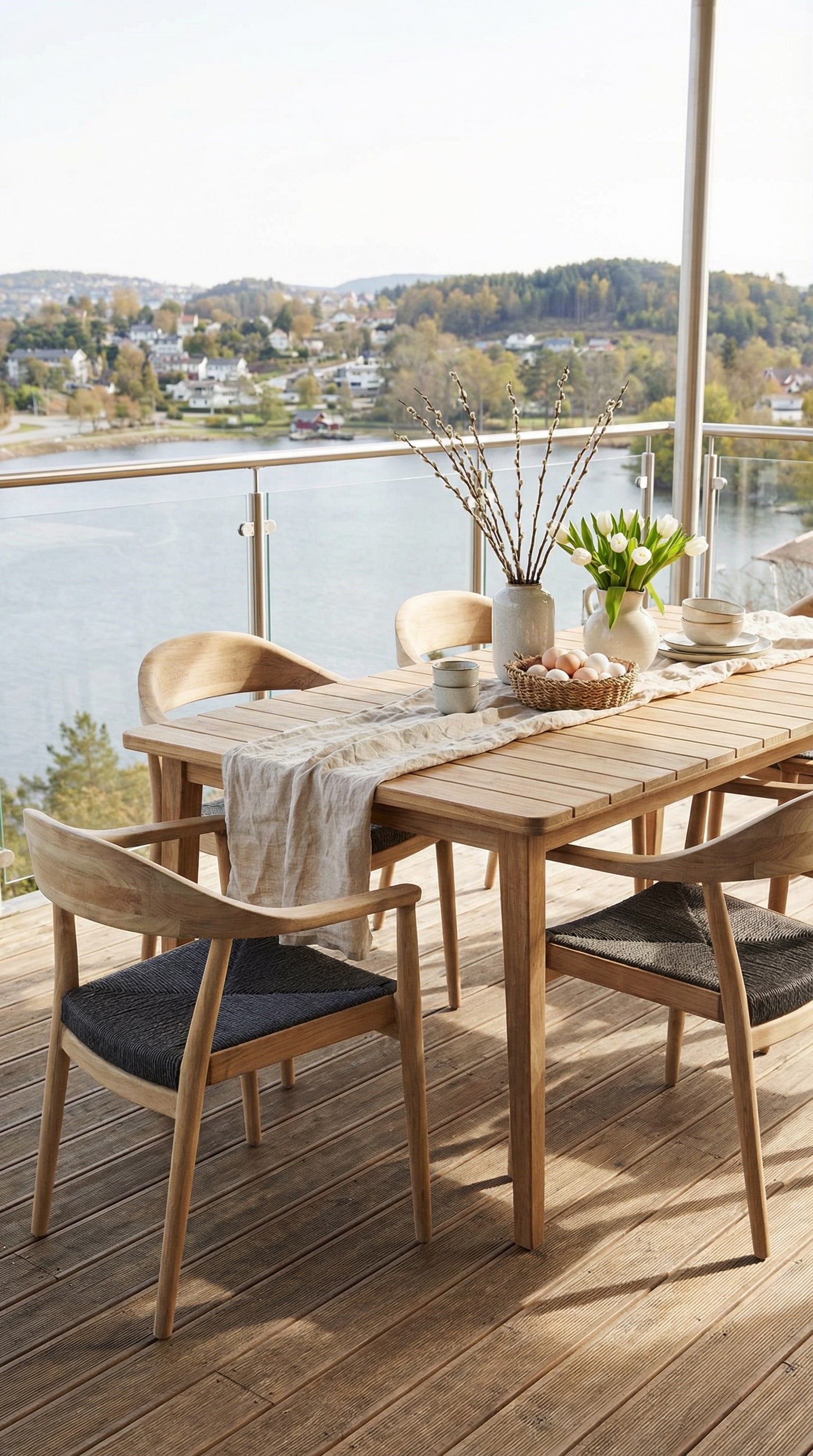Tavolo da giardino scandinavo in legno massello su una terrazza