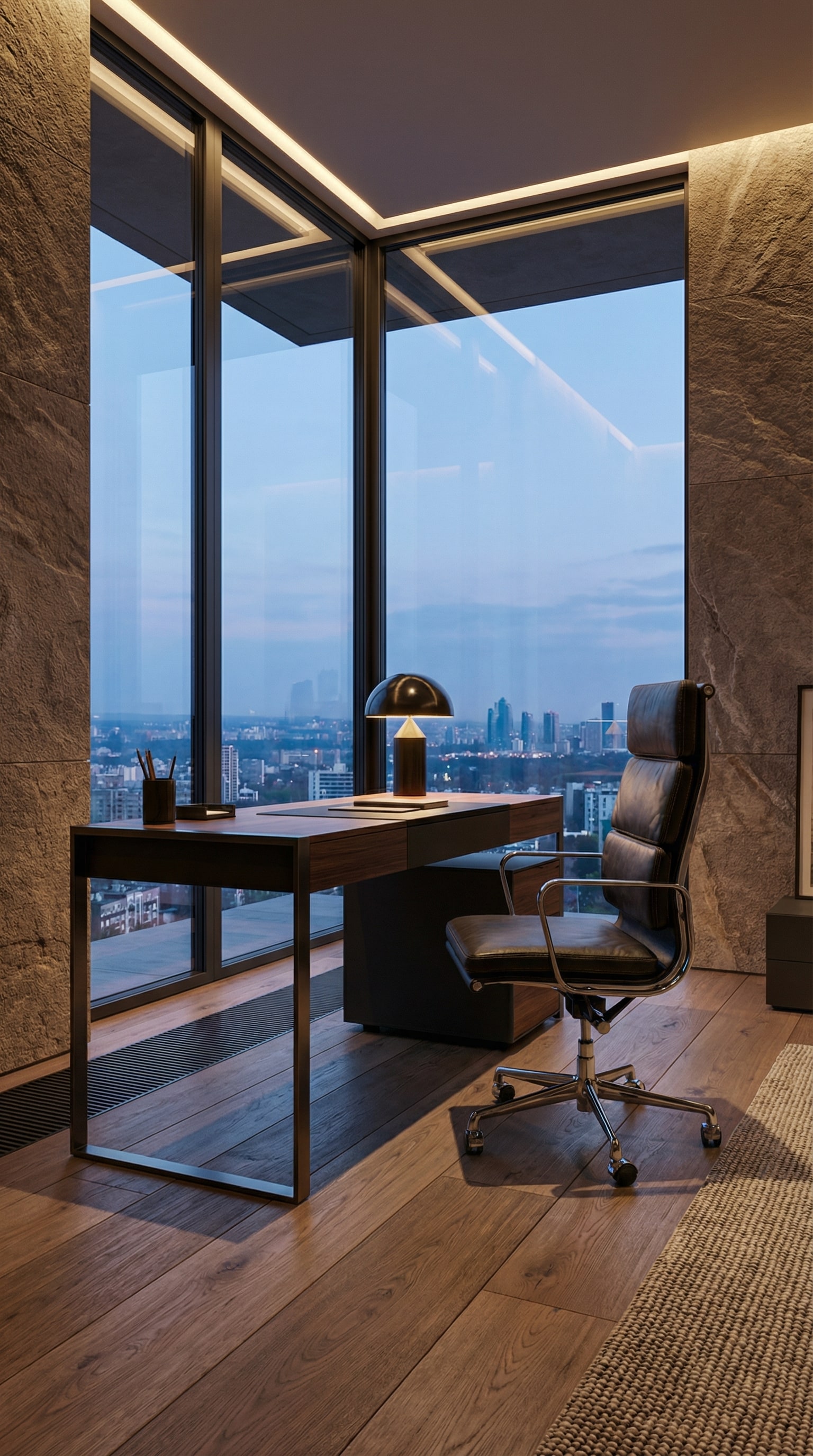 La sedia da ufficio direzionale ICF Una Chair in pelle di alta qualità, elegantemente presentata in un'area living-lavoro rappresentativa La sedia da ufficio direzionale ICF Una Chair in pelle di alta qualità, elegantemente presentata in un'area living-lavoro rappresentativa