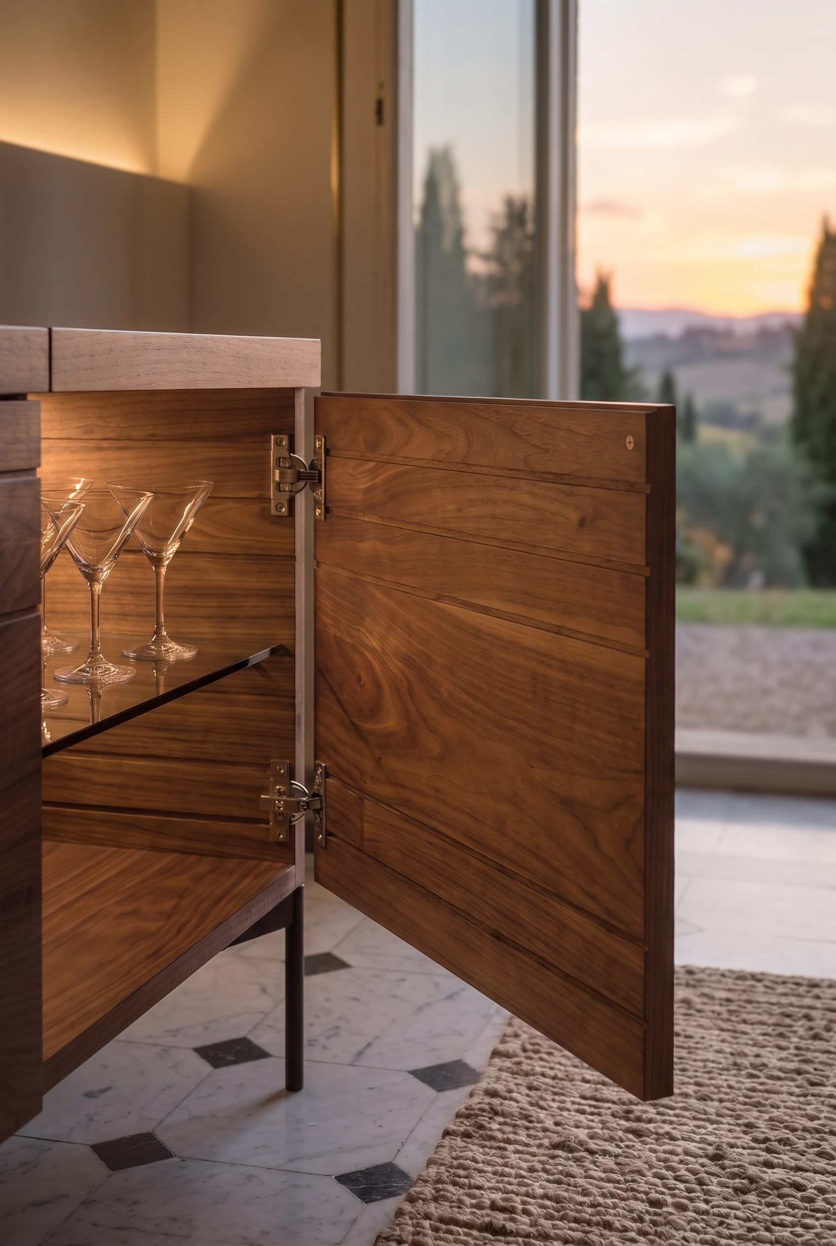 Geöffnete Tür eines Holz-Sideboards, im Inneren sind beleuchtete Glasböden mit Martinigläsern zu sehen.