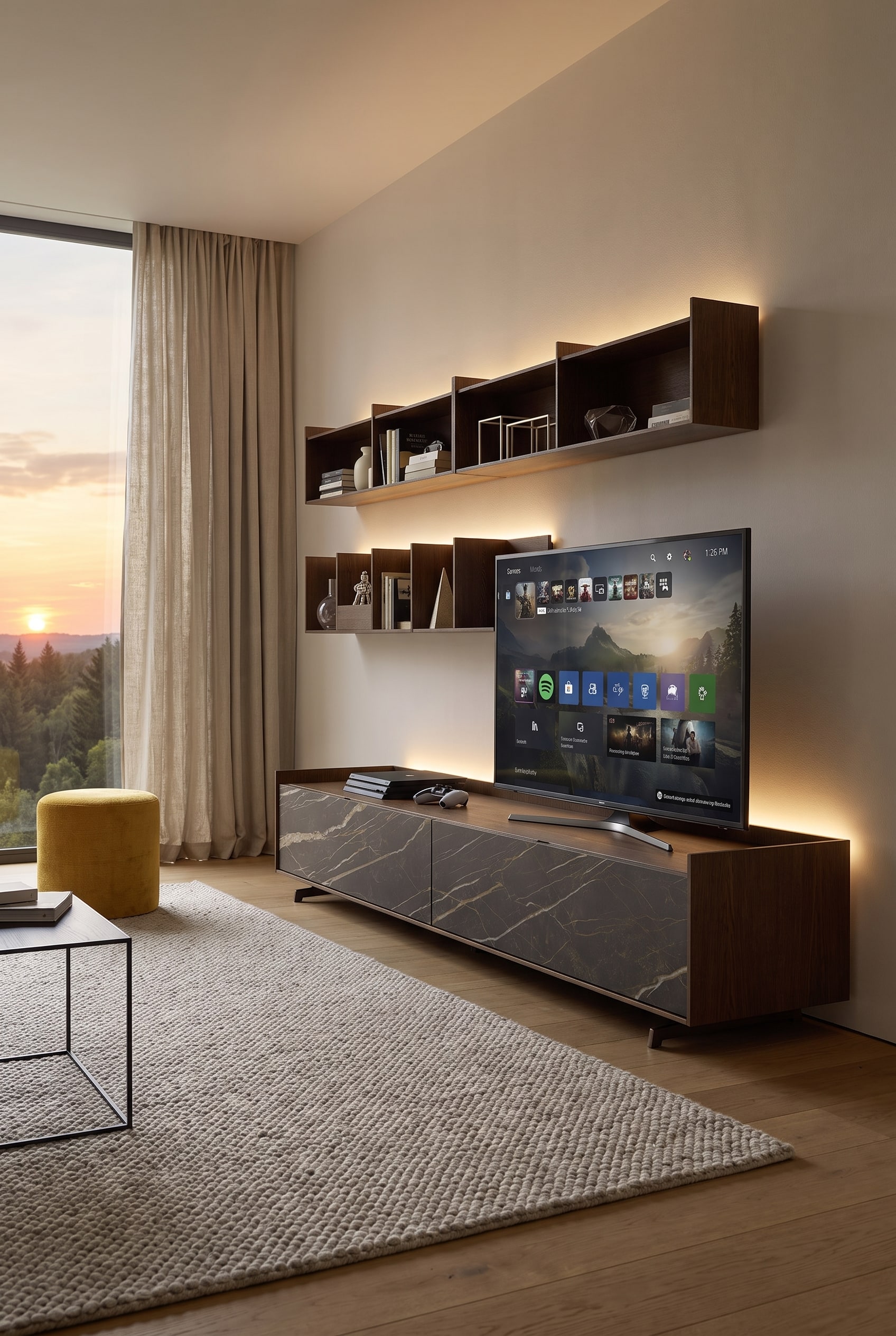 Ein asymmetrisch aufgeteiltes Wandregal neben einer TV-Wand, best&uuml;ckt mit Bildb&auml;nden und matten Keramikvasen zur Verbesserung der Raumakustik.