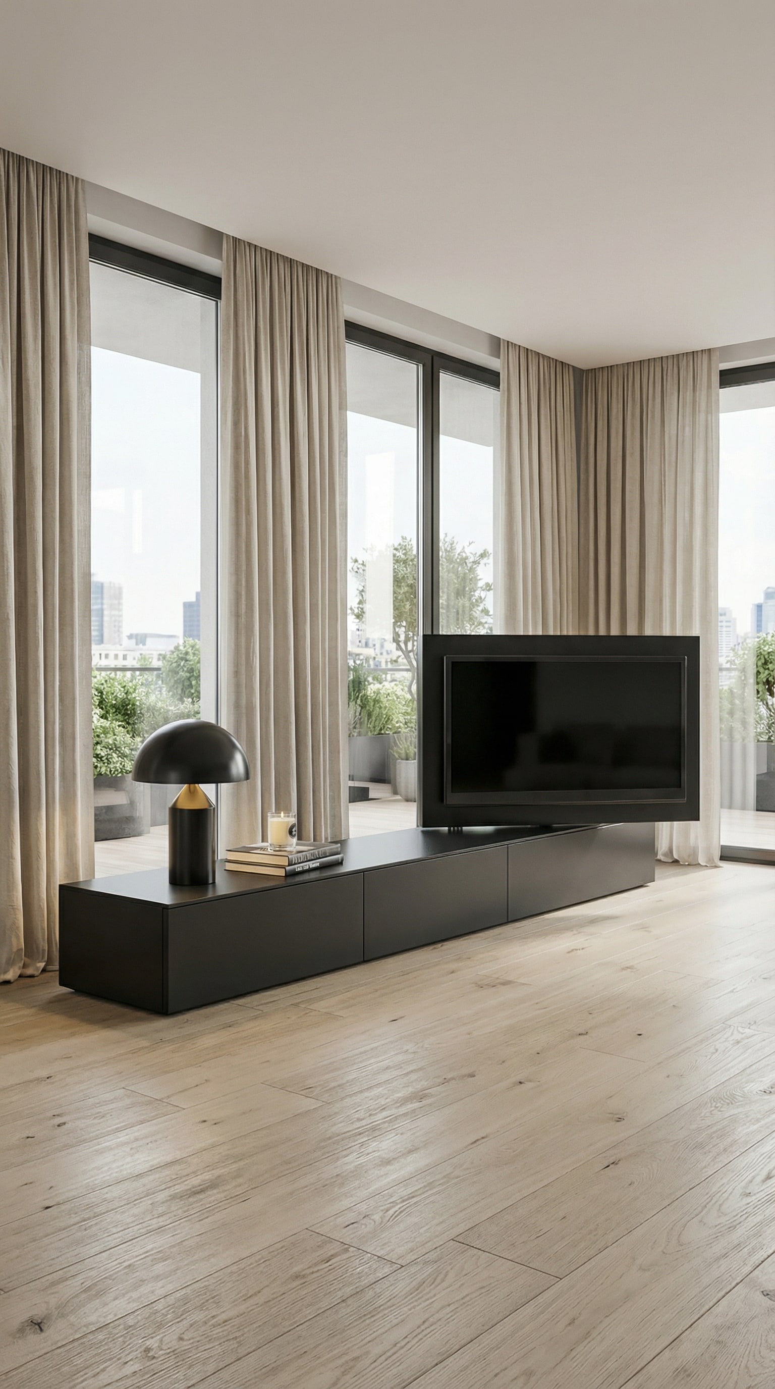 Livitalia Vision Lowboard nero con pannello TV orientabile in un loft moderno