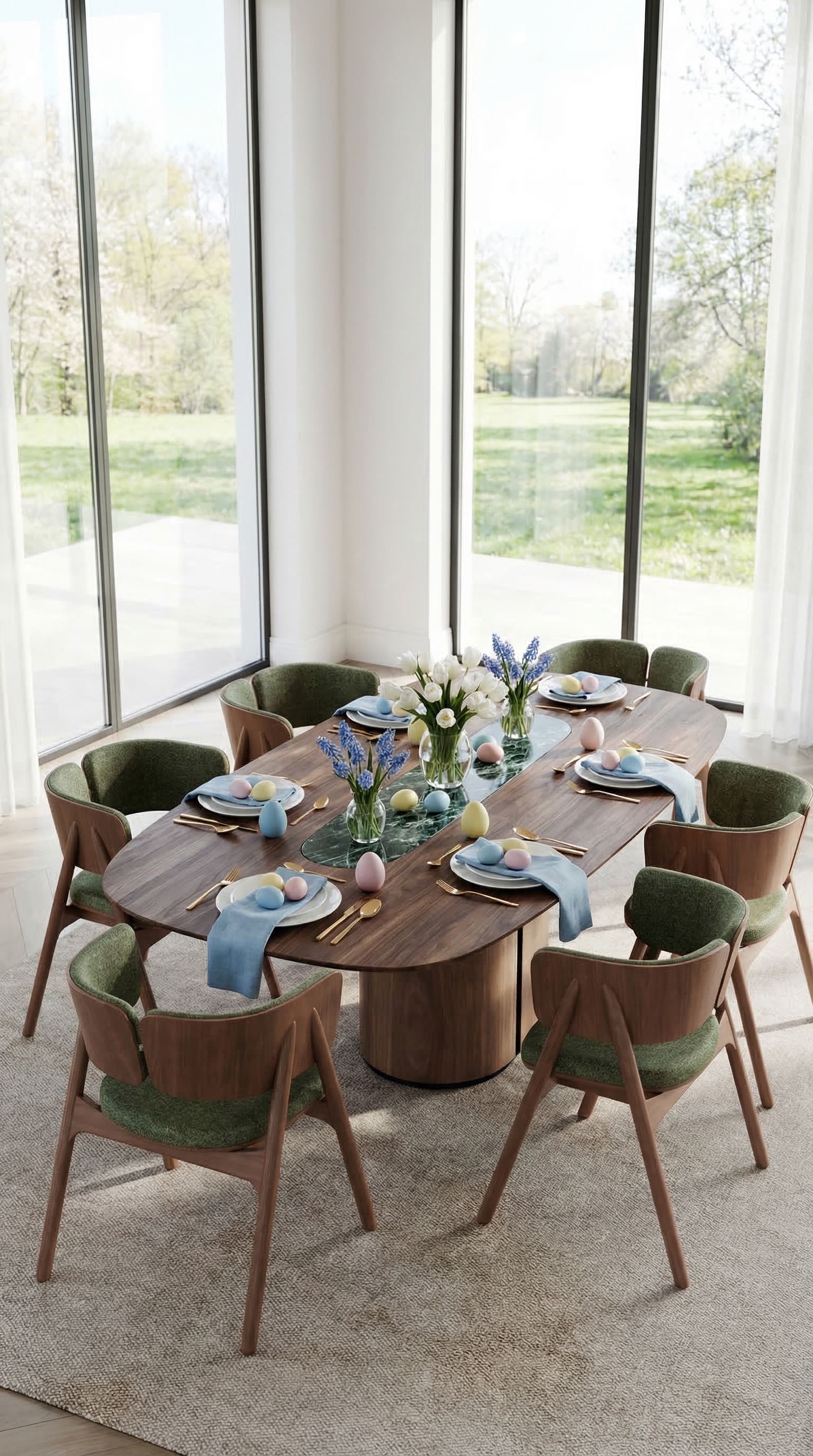 Un tavolo da pranzo elegantemente apparecchiato in legno di noce scuro con decorazioni pasquali in tenui colori pastello, porcellana chiara e fiori freschi primaverili.