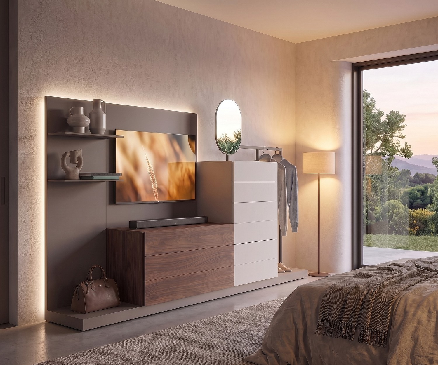 Panca e zoccolo TV Livitalia EASY come basamento moderno per cassettiera e parete attrezzata con LED in camera da letto.