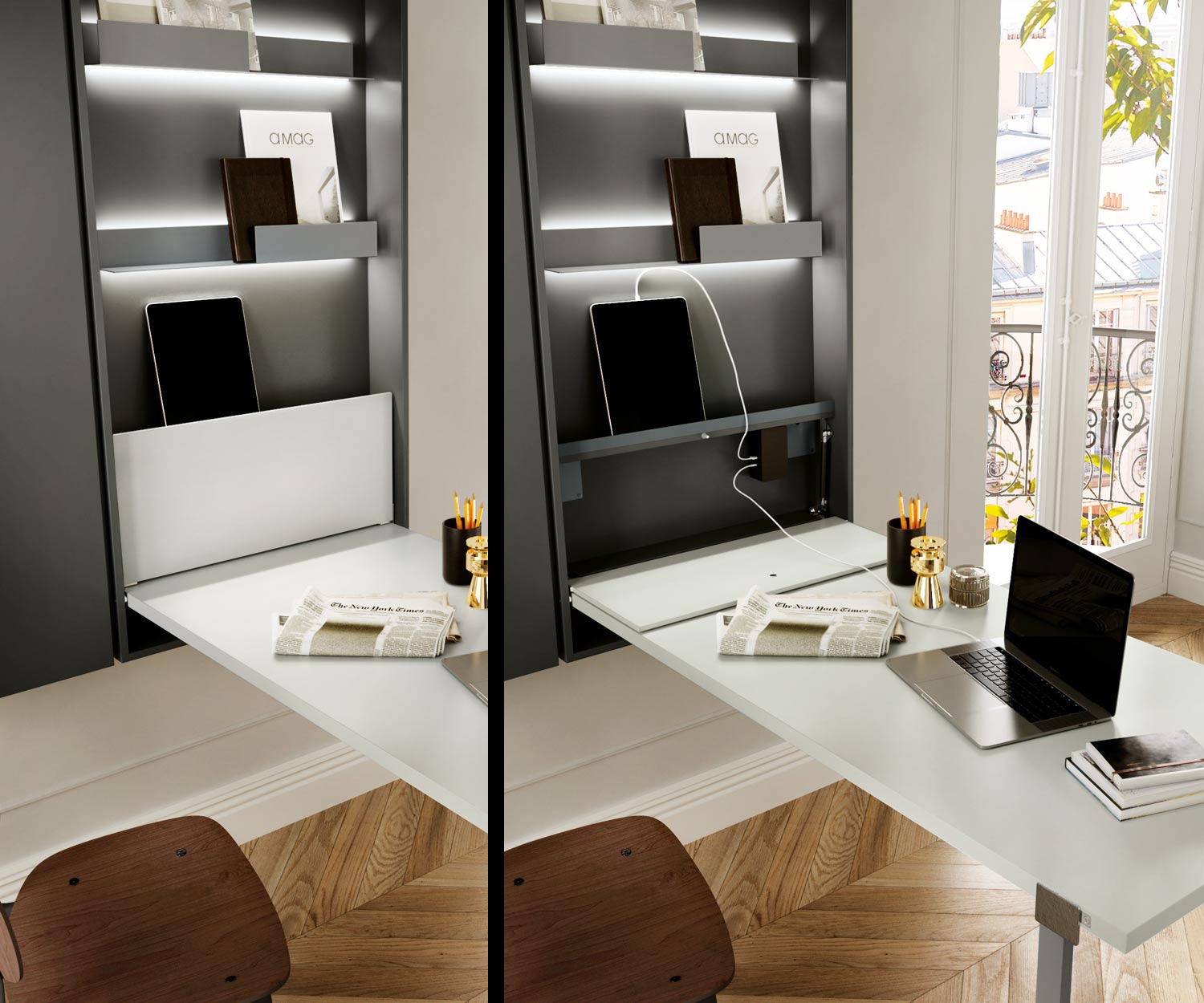 Armadio a muro di design con tavolo a muro pieghevole a spazio fisso Armadio a muro di design con tavolo a muro pieghevole a spazio fisso