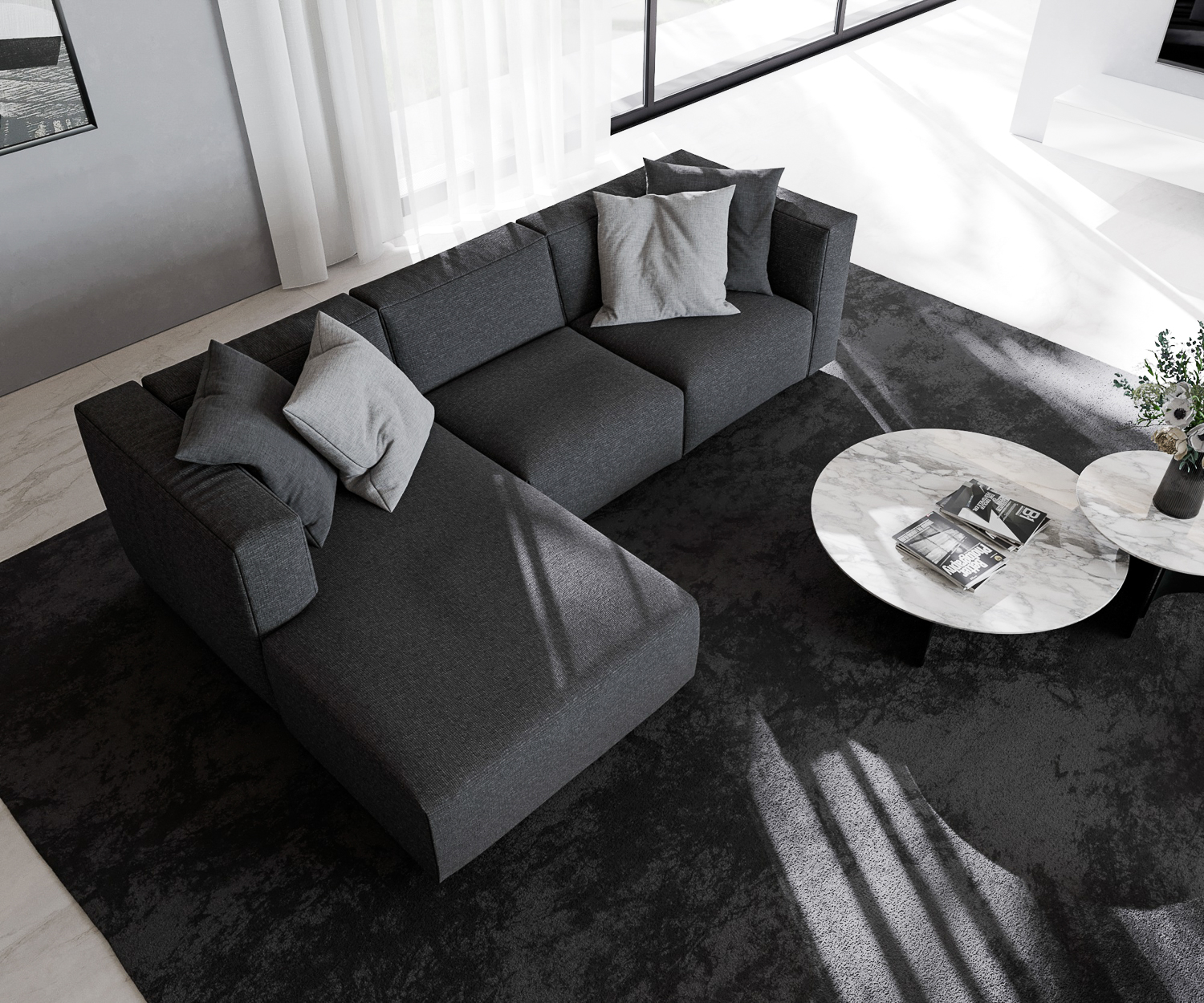Prostoria Divano da salotto di design Match L esclusivo rivestimento moderno in tessuto di alta qualità con recamiere divano angolare a tre posti vista frontale