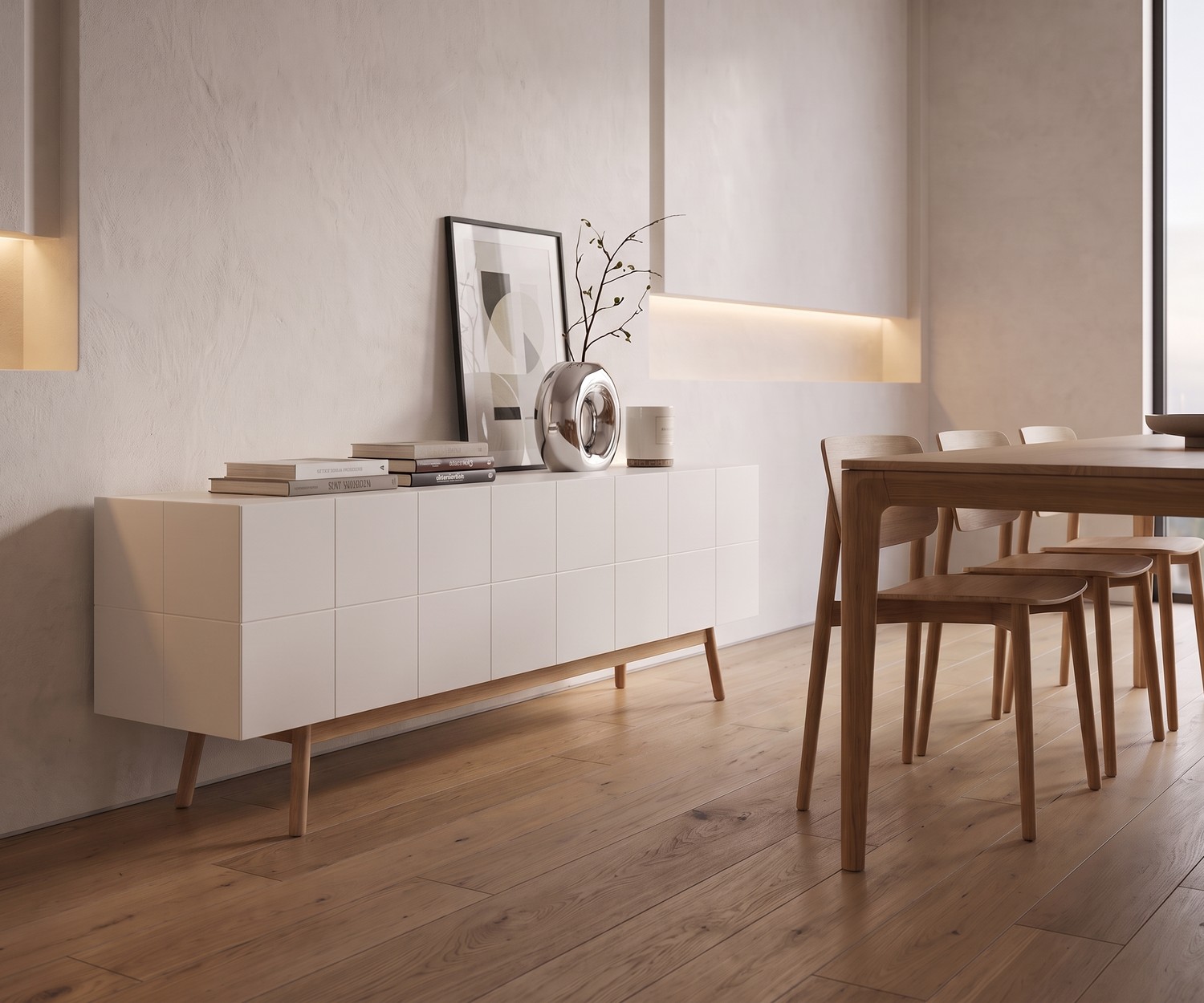 Madia di design al2 MOS-I-KO 003 B bianca Madia al2 MOS-I-KO 003 B per sala da pranzo, laccata bianco opaco con gambe in legno in stile moderno e minimalista.