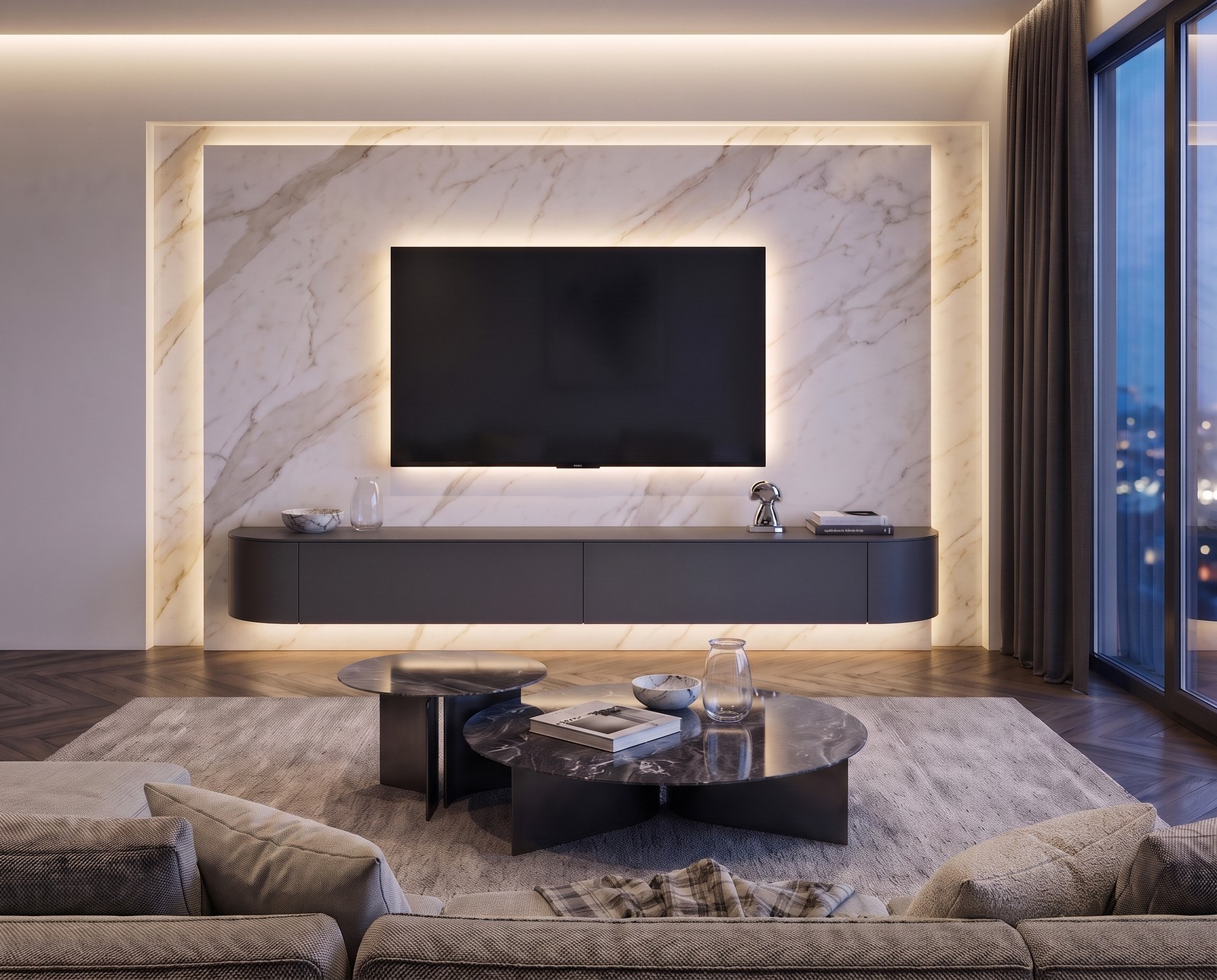 Novamobili Lowboard Tondora in Weiß matt, B 210 cm, hängend im Wohnzimmer, mit Keramik-TV-Paneel Novamobili Lowboard Tondora in Weiß matt, B 210 cm, hängend im Wohnzimmer, mit Keramik-TV-Paneel