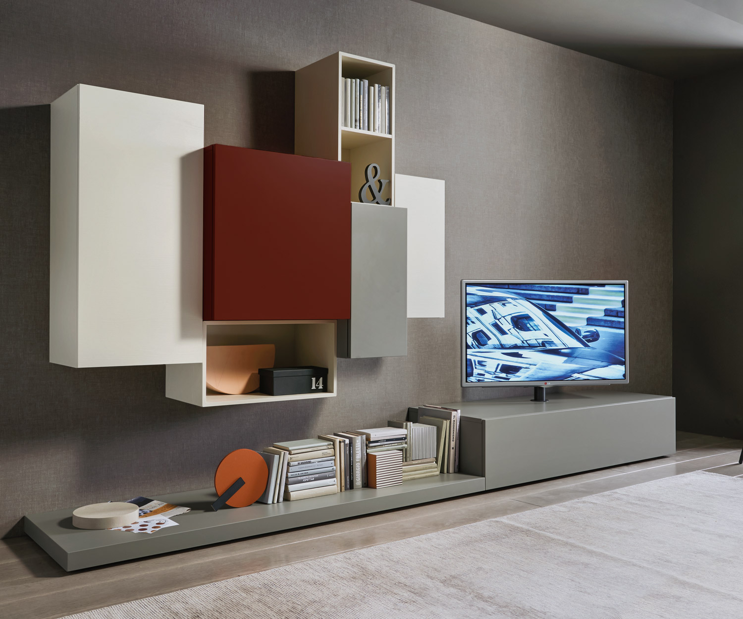 Parete attrezzata minimalista di design C49 con pensili e lavagna di design e supporto TV Parete attrezzata minimalista di design C49 con pensili e lavagna di design e supporto TV