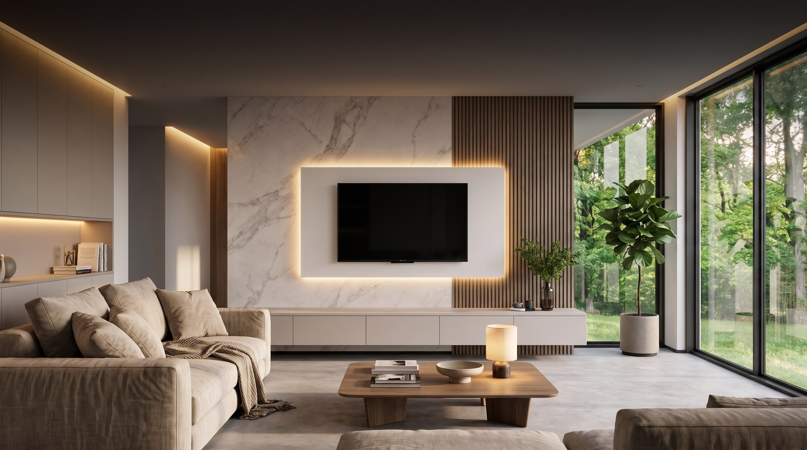 12 Ideen für Akustikpaneele im Wohnzimmer: die TV-Wand mit Holzlamellen 12 Ideen für Akustikpaneele im Wohnzimmer: die TV-Wand mit Holzlamellen