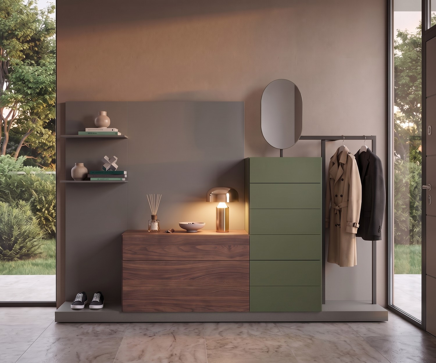 Mobile ingresso Novamobili Easy 9 con cassettiera Mobile ingresso Novamobili Easy 9 con cassettiera, appendiabiti e specchio in verde e legno per un corridoio moderno.