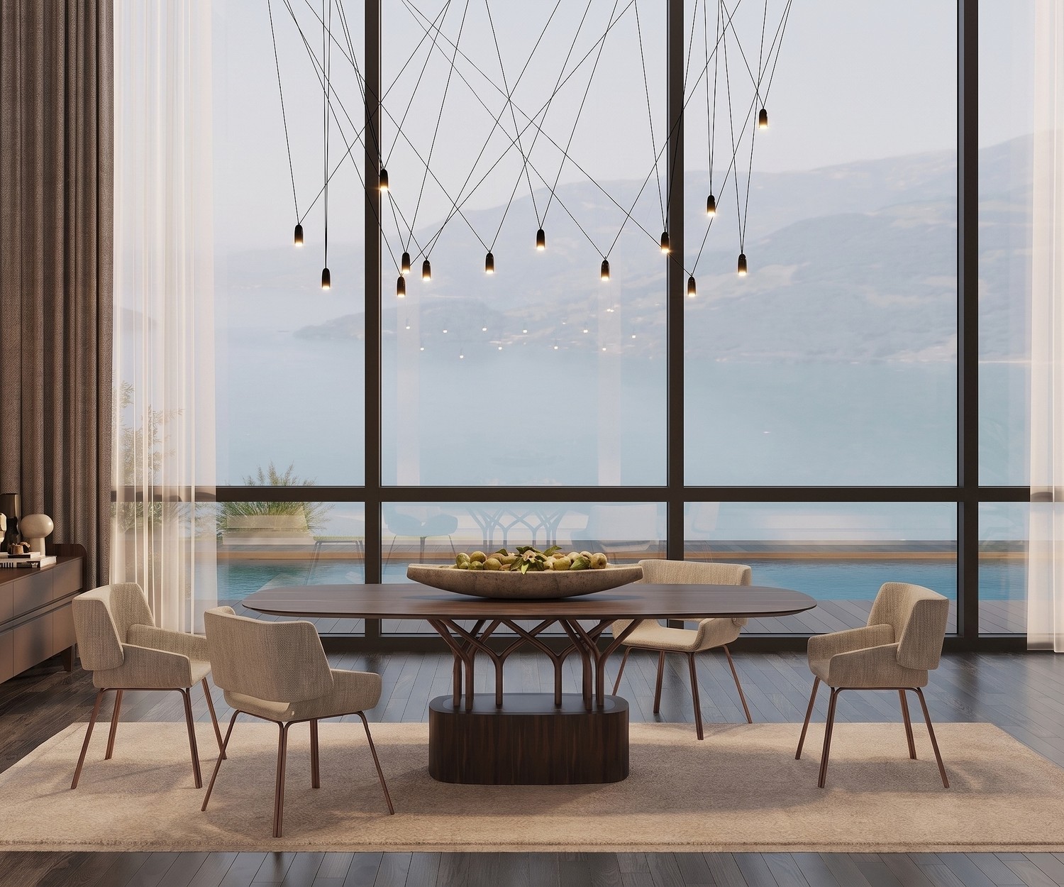 Tavolo da pranzo ovale al2 wood-oo 001 a Tavolo da pranzo ovale al2 wood-oo 001 a in una sala da pranzo elegante, impiallacciato in legno scuro con sedie beige.