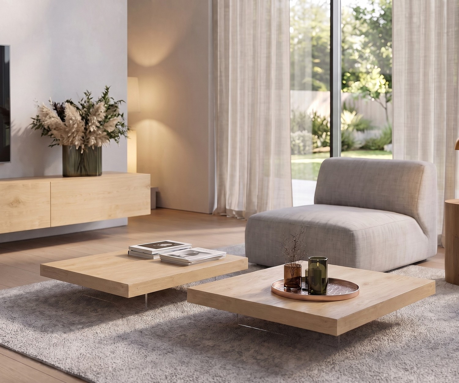 Tavolino da salotto Livitalia Low in rovere chiaro per un soggiorno moderno dal design minimalista.