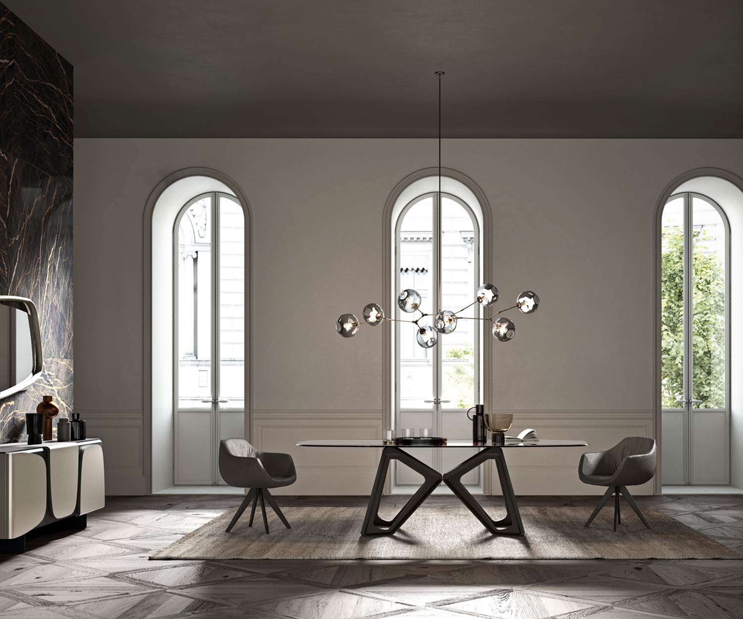 Tavolo di design di Ozzio Papillon in soggiorno con piano in vetro trasparente e struttura in rovere