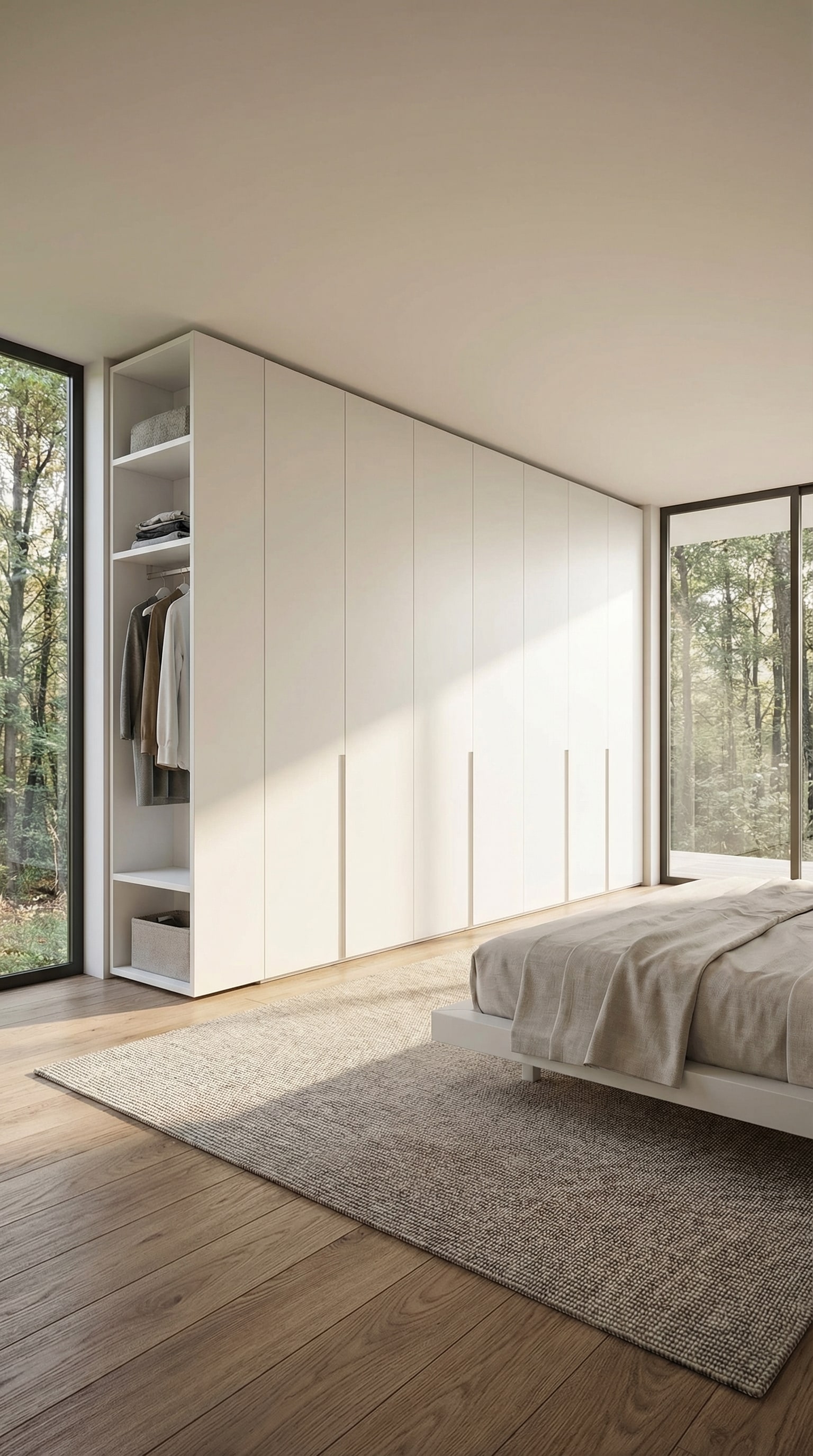 Ein deckenhoher, fl&auml;chenb&uuml;ndiger Kleiderschrank, der nahtlos in die Wand &uuml;bergeht.