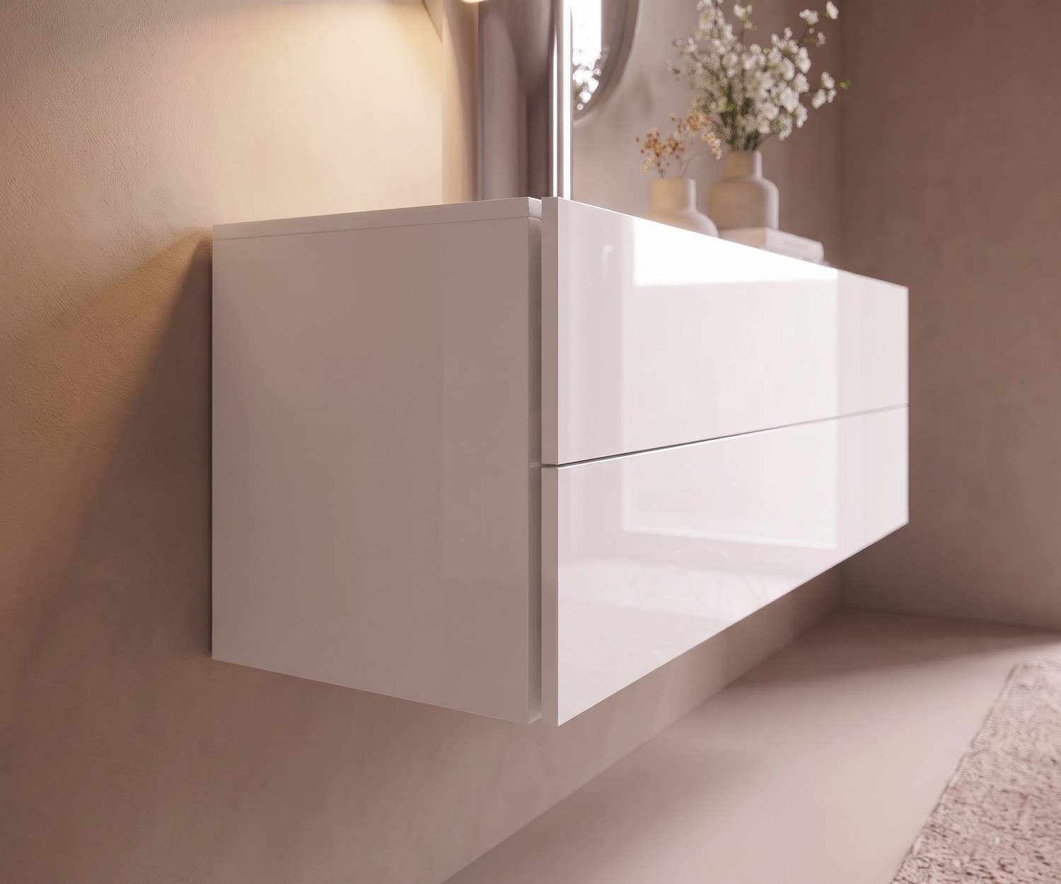 Cassettiera sospesa Novamobili Easy in camera da letto. Moderna cassettiera a muro bianco lucido dal design minimalista.