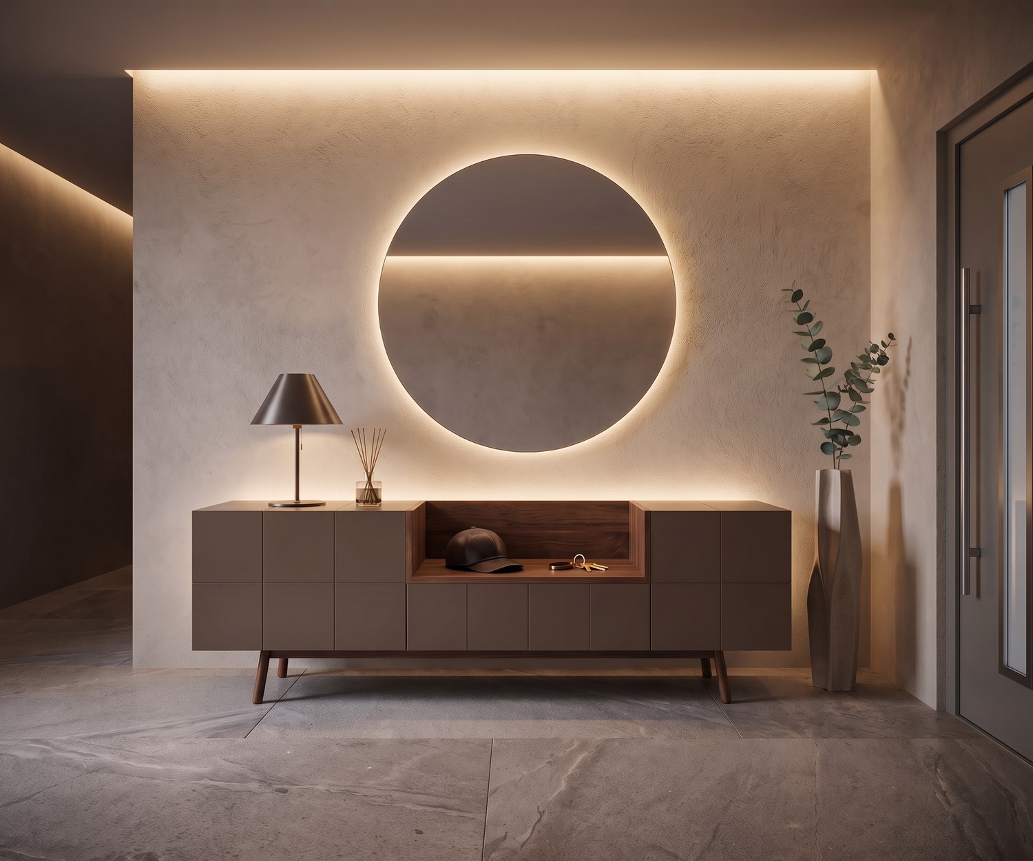 Madia al2 MOS-I-KO 003 A per ingresso moderno, credenza marrone opaco con nicchia in legno e specchio retroilluminato