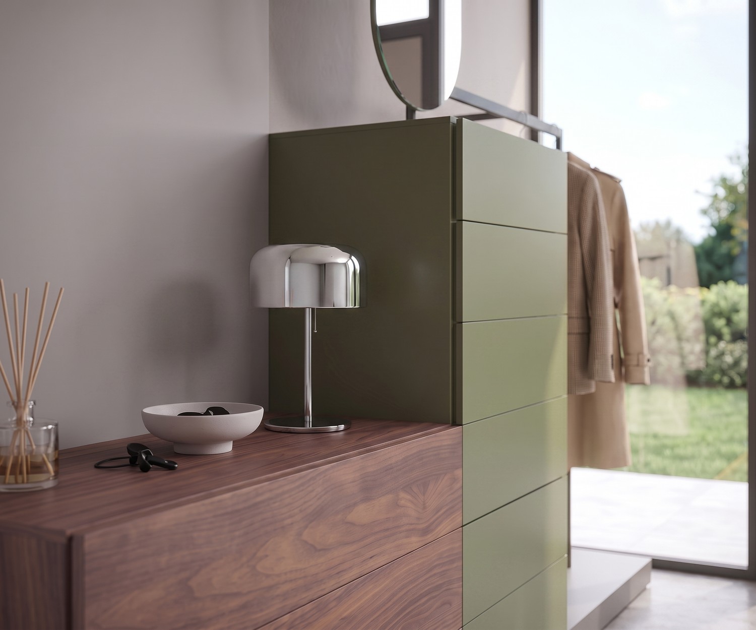 Cassettiera con appendiabiti Novamobili Easy 9 per ingresso in noce e verde salvia, design moderno modulare.