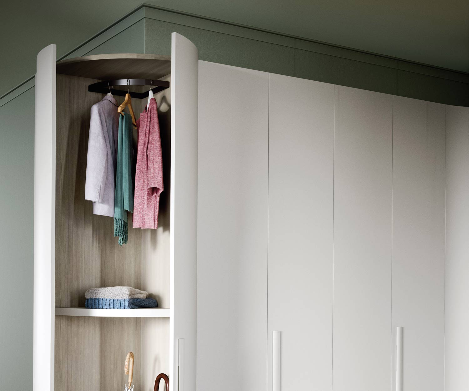 Armadio rotondo Alfa Curvo con appendiabiti e porta a battente aperta Armadio rotondo Alfa Curvo con appendiabiti e porta a battente aperta