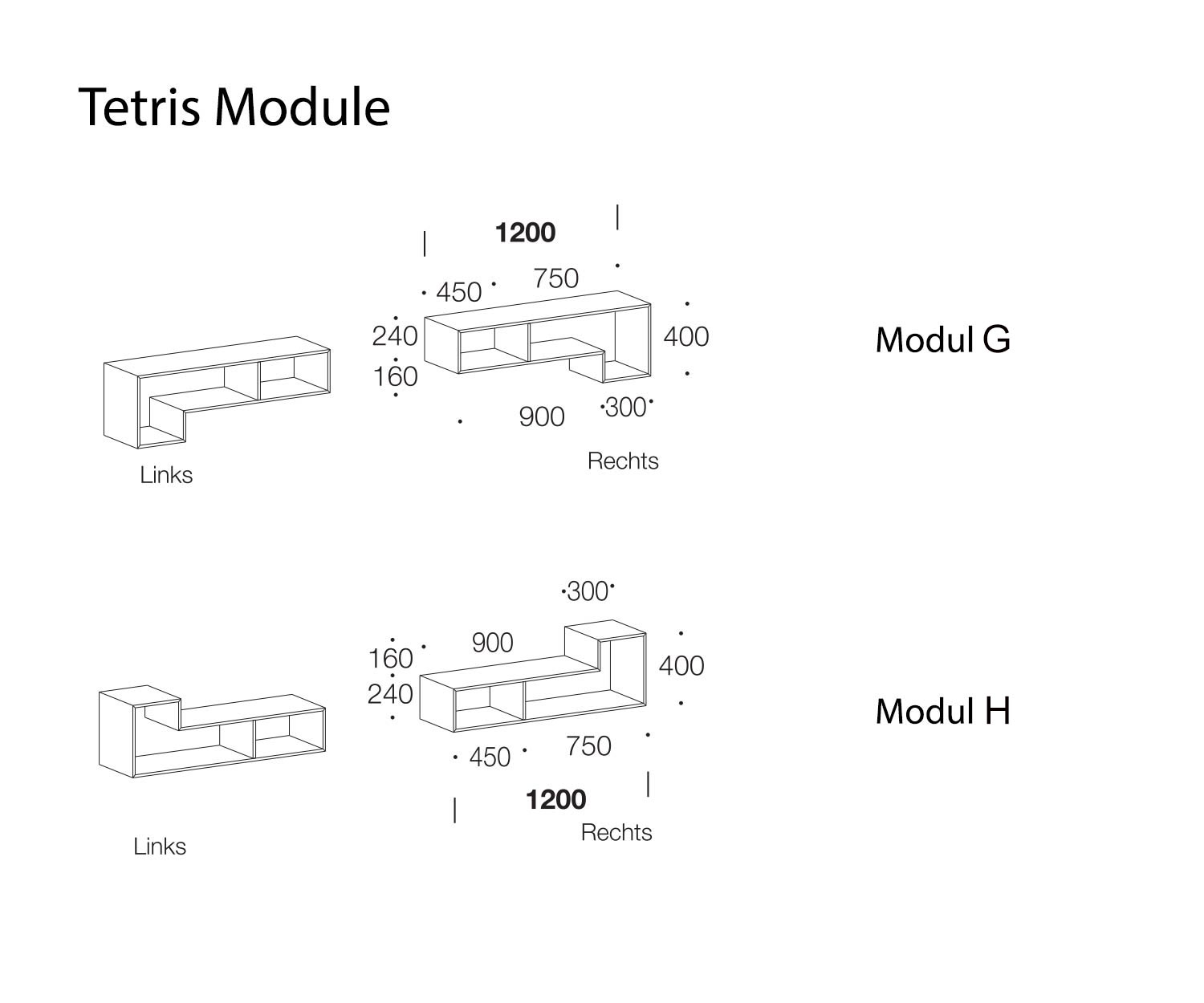 Tetris Designer Shelf Moduli G e H Dimensioni dello schizzo