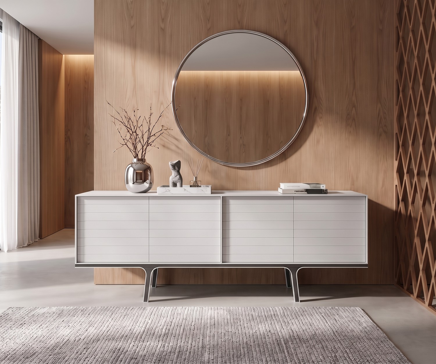 Credenza di design bianco opaco al2 Mobius 002 Credenza di design Mobius 002 di al2 in soggiorno. Madia moderna bianco opaco davanti a una parete in legno con specchio.
