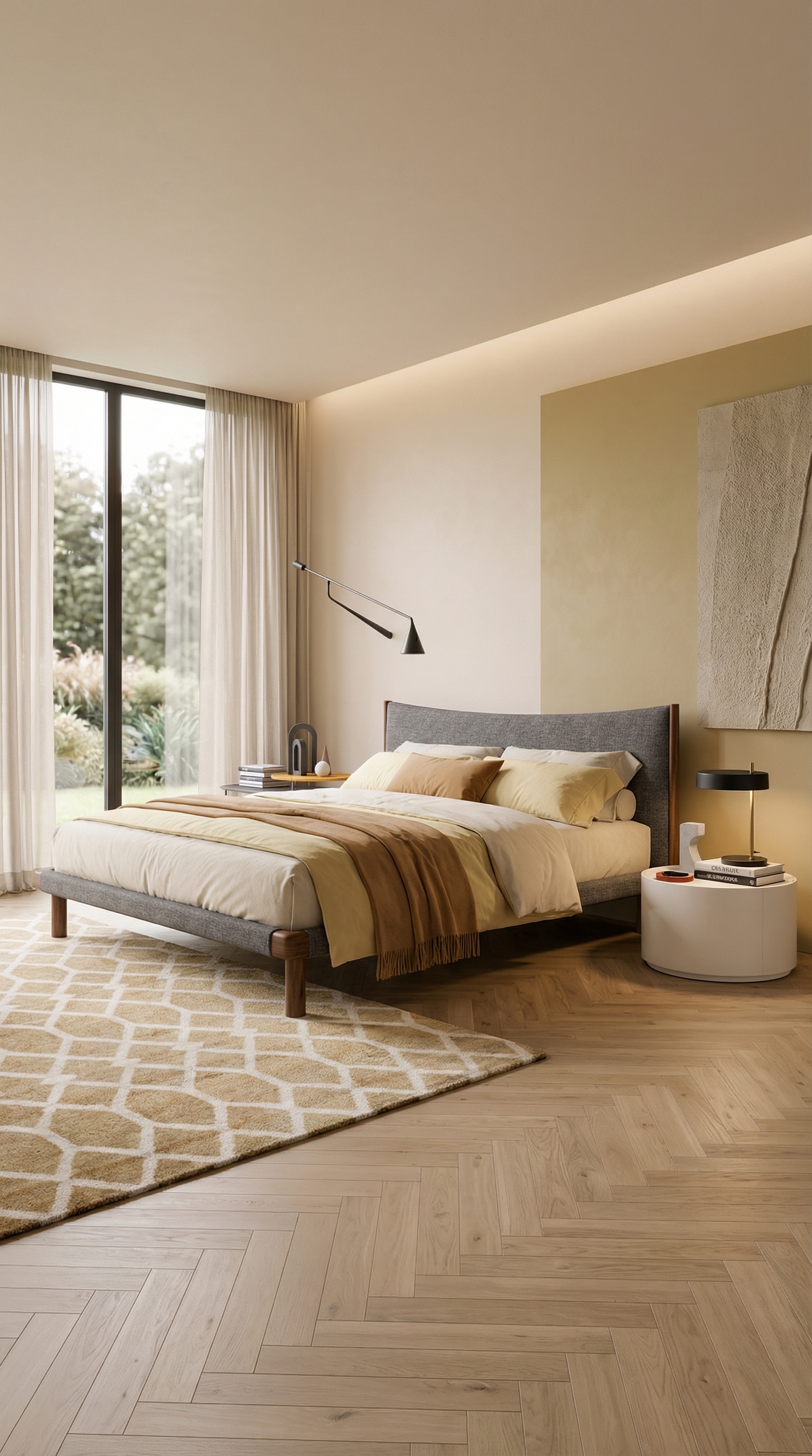 Accogliente camera da letto con letto Novamobili Mizu e comodino rotondo Allout