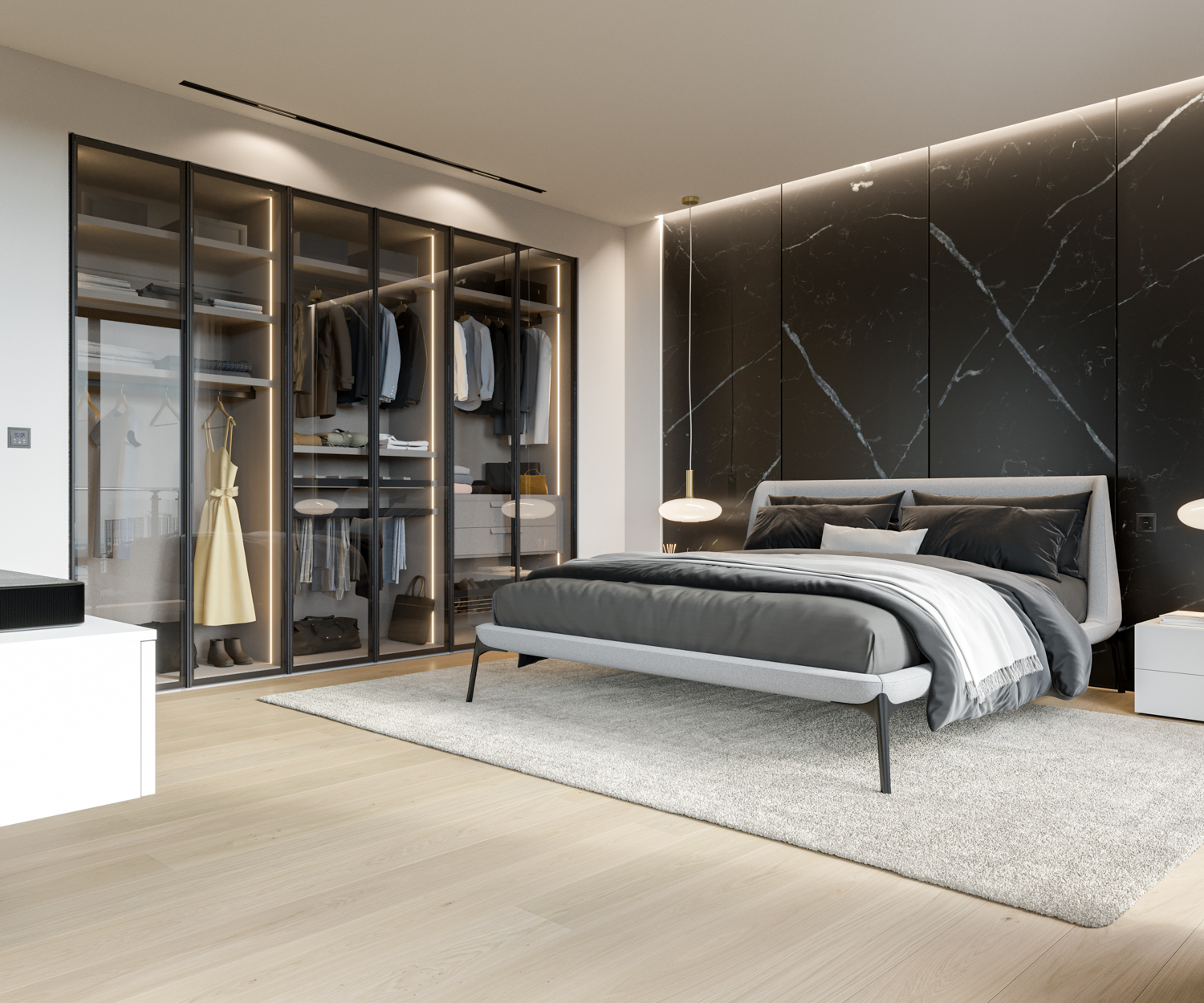 Camera da letto luminosa con porte in vetro Armadio