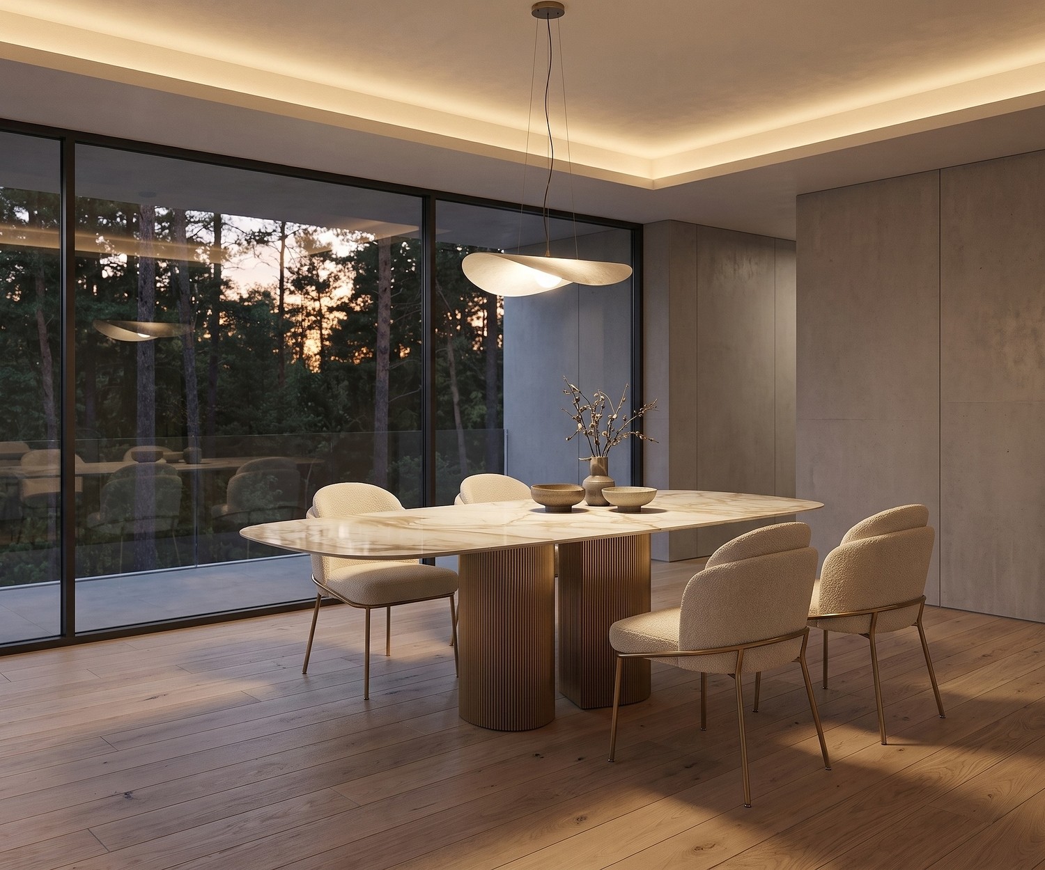 Tavolo da pranzo di design ovale al2 dakry b 001 con piano in ceramica effetto marmo e gambe in metallo in sala da pranzo.