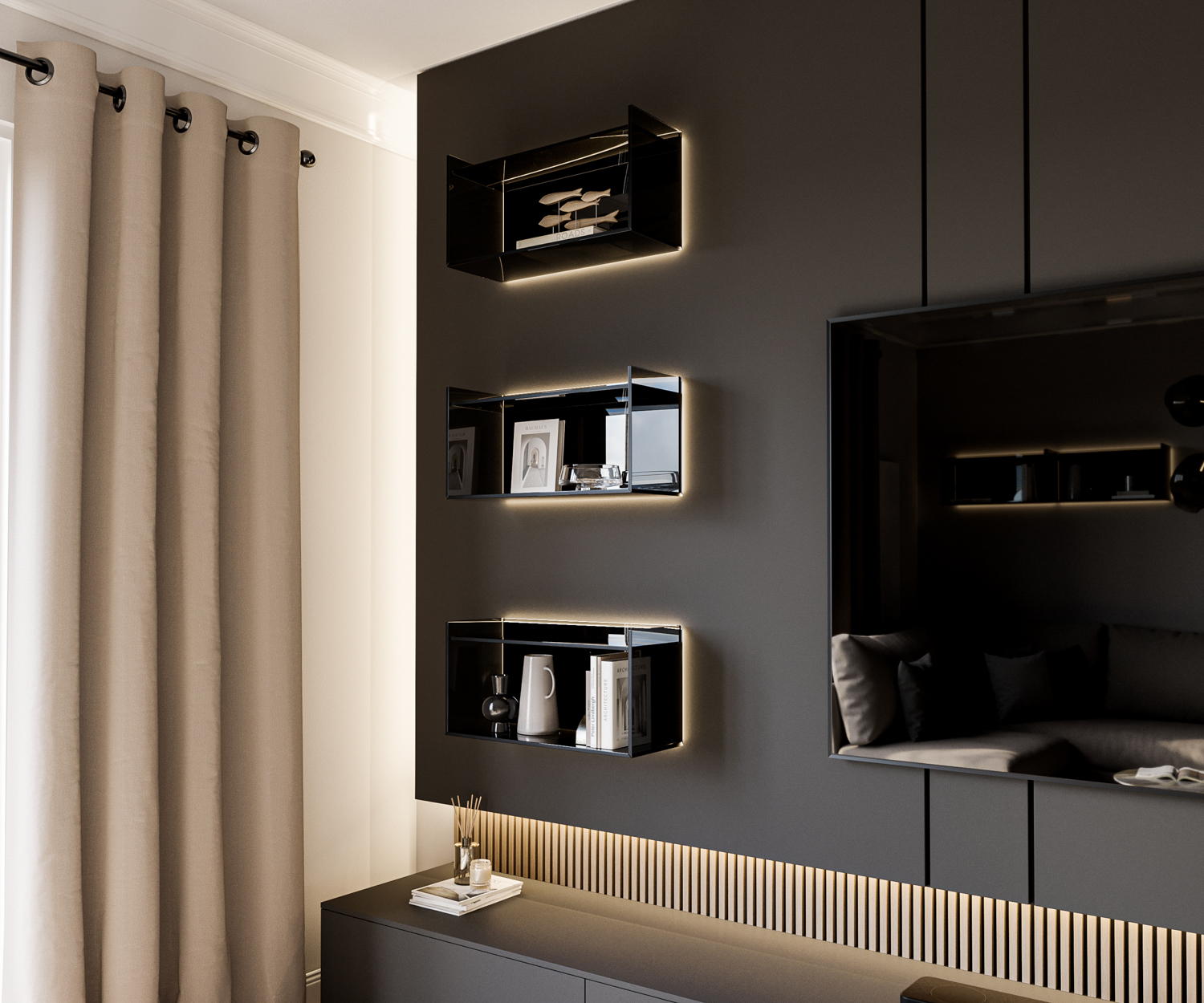 Mensola pensile di design in vetro Livitalia integrata nel pannello del pensile Mensola pensile di design in vetro Livitalia integrata nel pannello del pensile