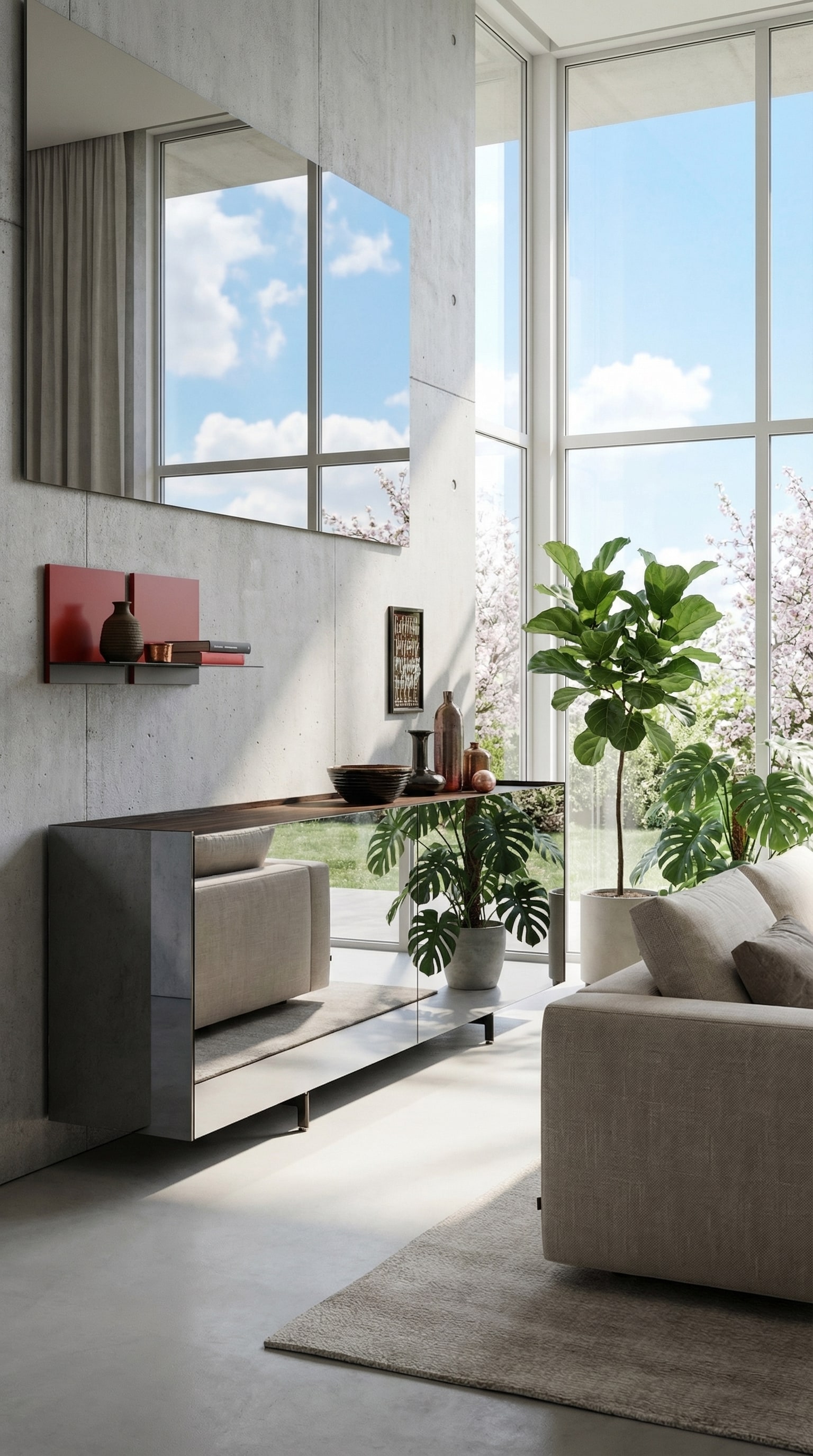 Soggiorno con una credenza a specchio che riflette la luce del giorno e la natura. Soggiorno con una credenza a specchio che riflette la luce del giorno e la natura.