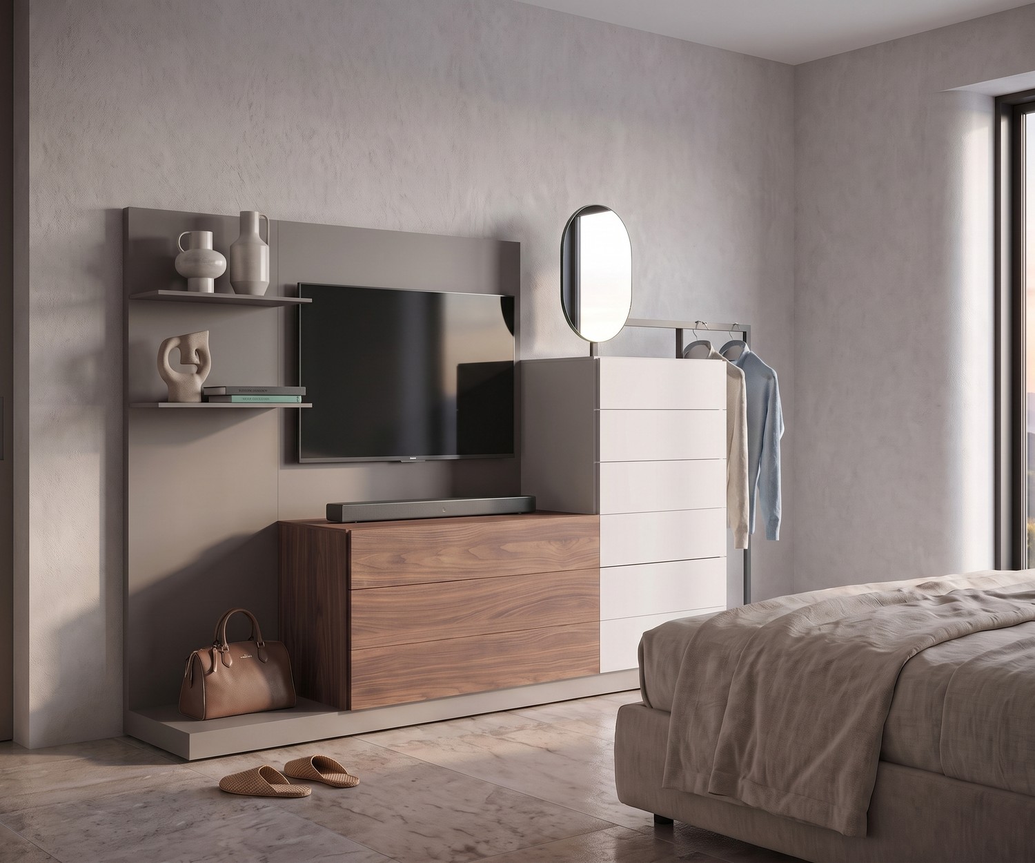 Cassettiera Easy 9 Novamobili con appendiabiti e porta TV Cassettiera per camera da letto Easy 9 di Novamobili con pannello TV e appendiabiti, design moderno in legno e lacca.