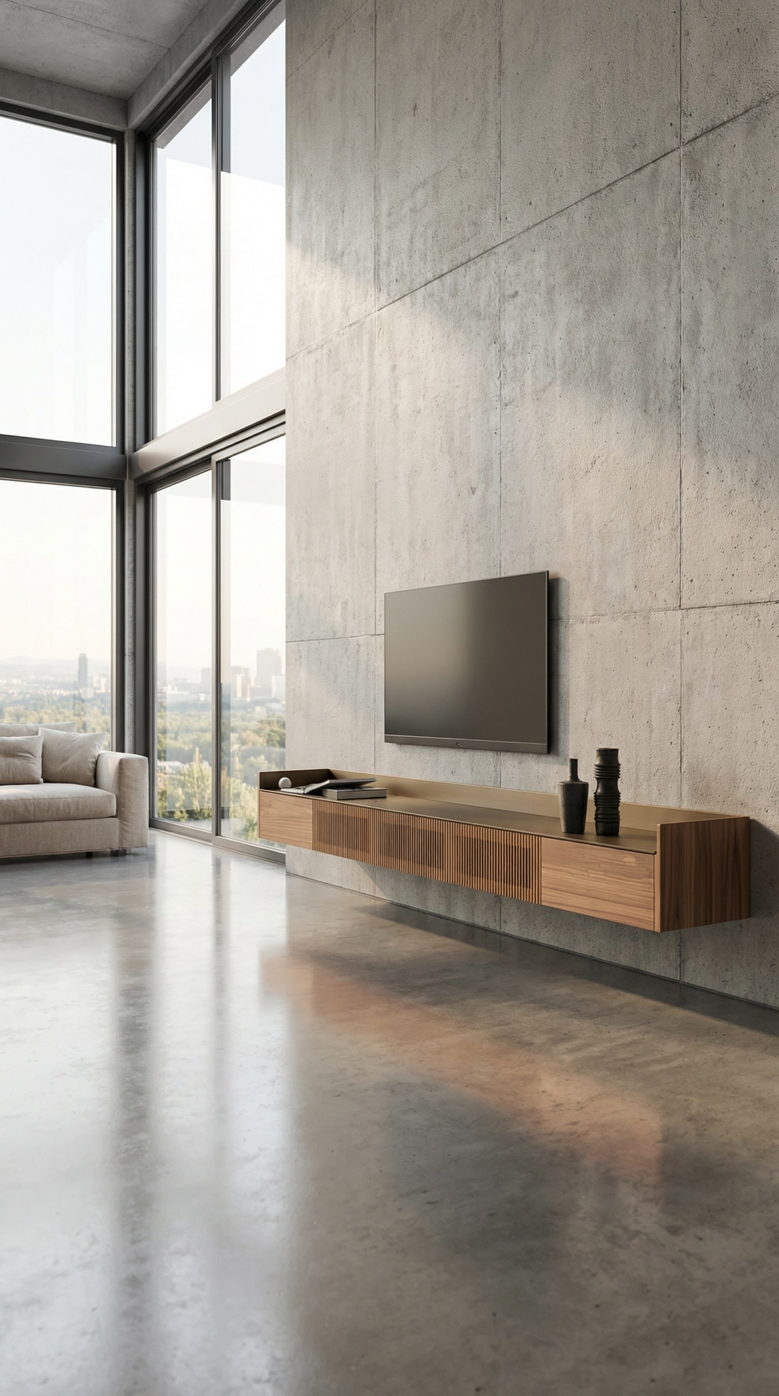 Madia in legno Punt Stockholm Slim a parete in un loft moderno con pavimento freddo