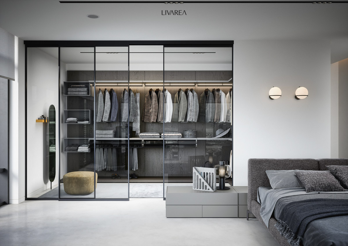 Sistema di guardaroba aperto per vestirsi con scatole aperte, portapantaloni e led montati orizzontalmente sul binario porta abiti Sistema di guardaroba aperto per vestirsi con scatole aperte, portapantaloni e led montati orizzontalmente sul binario porta abiti